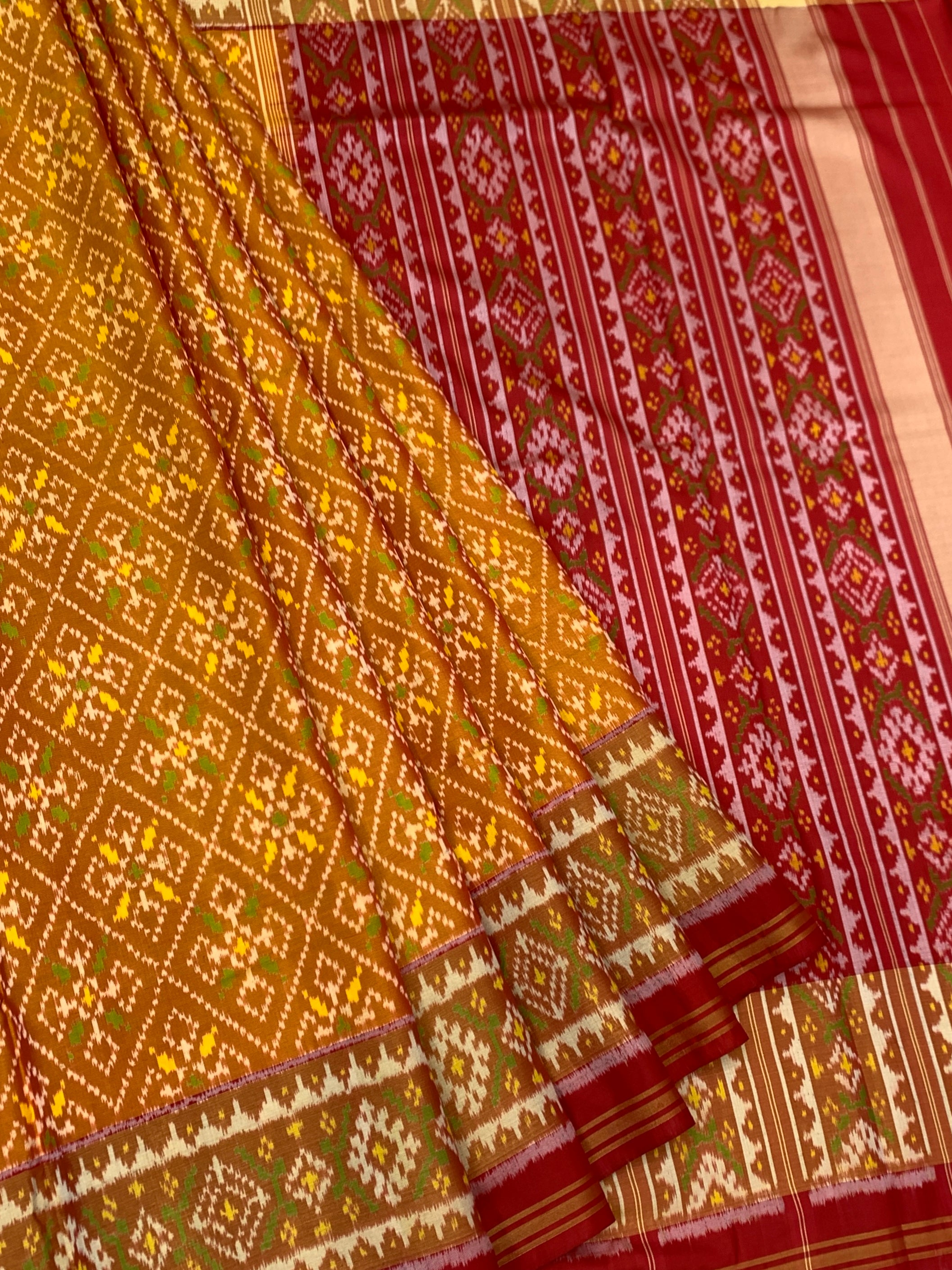 Mustard Yellow & Crimson Red Rajkot Patola Silk Saree