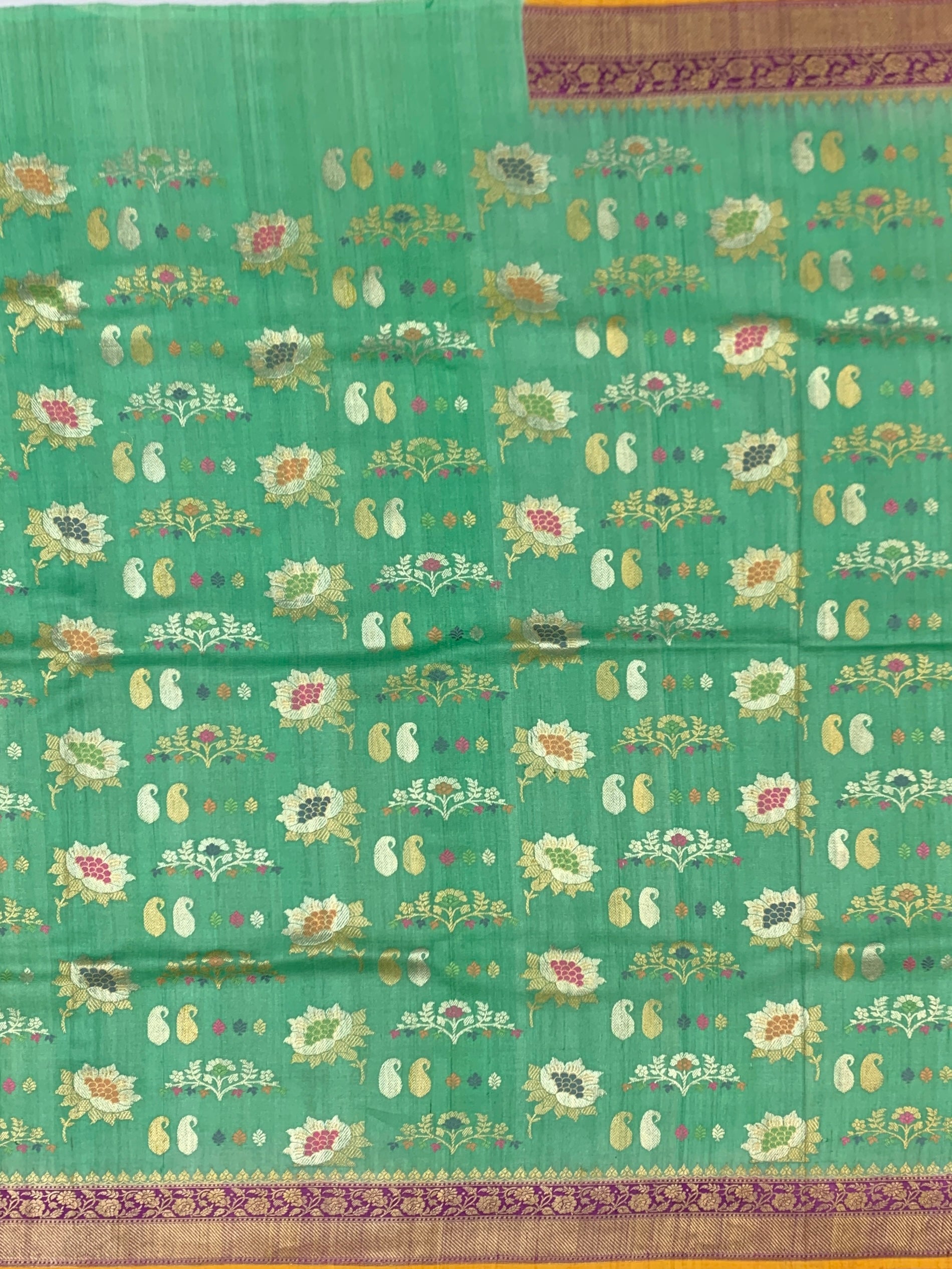 Vibrant Sea-Green Tussore Georgette Saree with Meenakari Motifs and Mustard Blouse