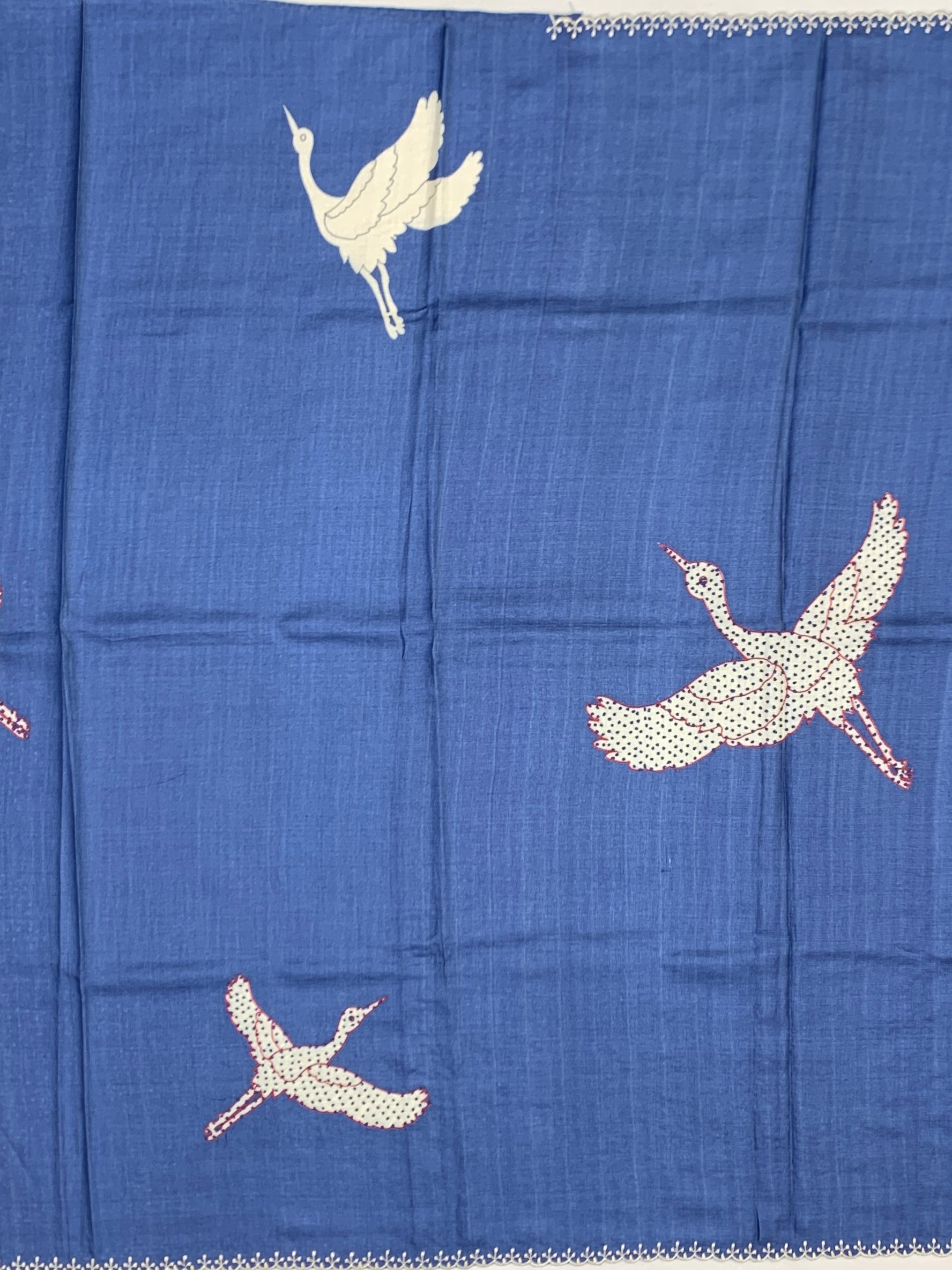 Indigo Serenade: Crane Motif Hand-Embroidered Tussar Silk Saree