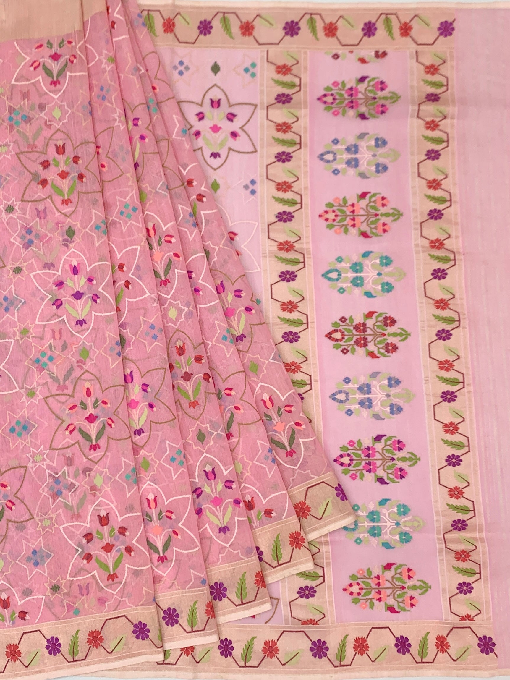 Soft Blush Pink Cotton Jamdani Saree with Geometric Star and Floral Weaves