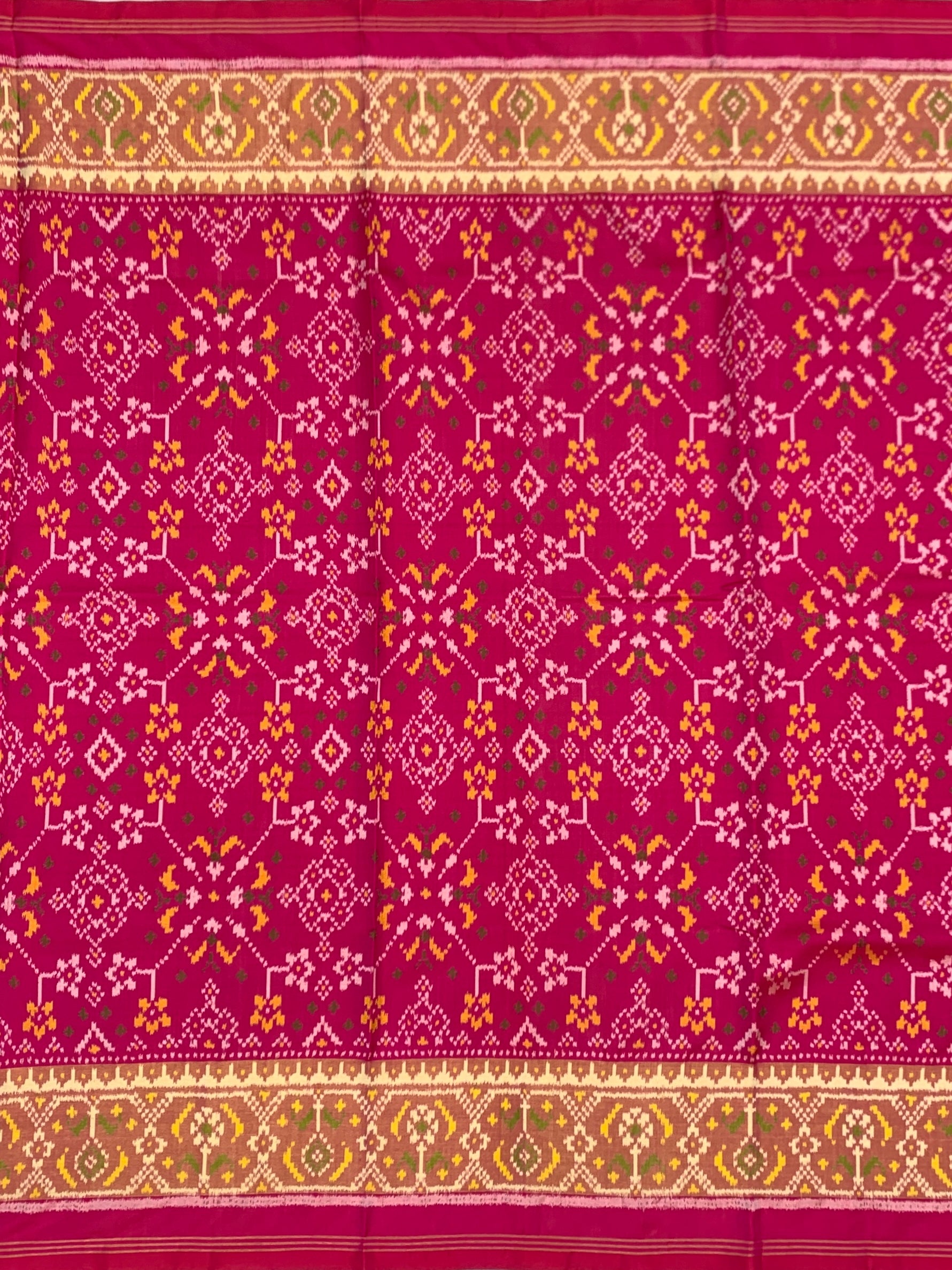 Ranee Pink & Golden Yellow: Geometric Lattice Rajkot Patola Silk Saree