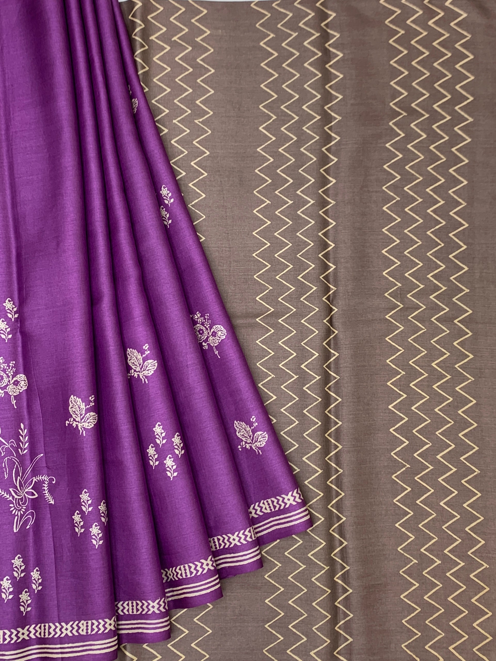 Imperial Purple & Earthy Taupe Printed Tussore Saree