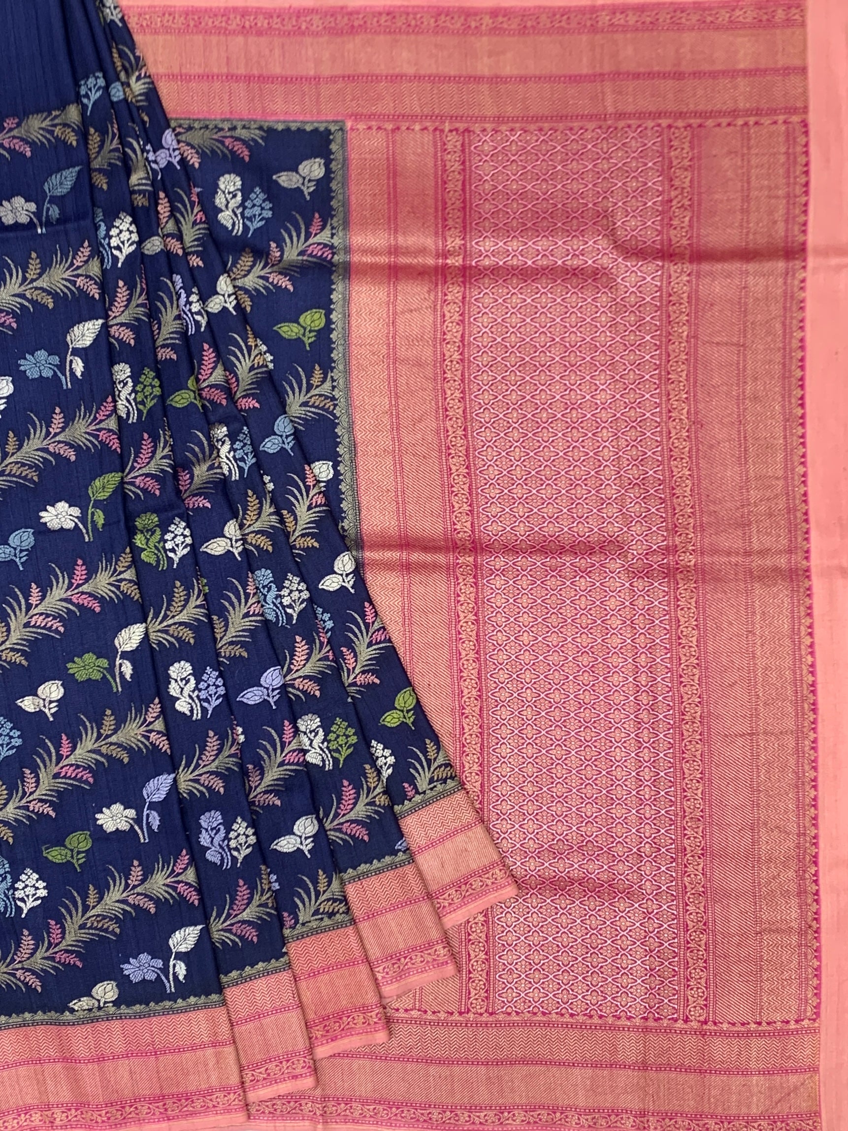 Midnight Navy Tussore Georgette Saree with Meenakari Botanicals and Rose Pink Pallu