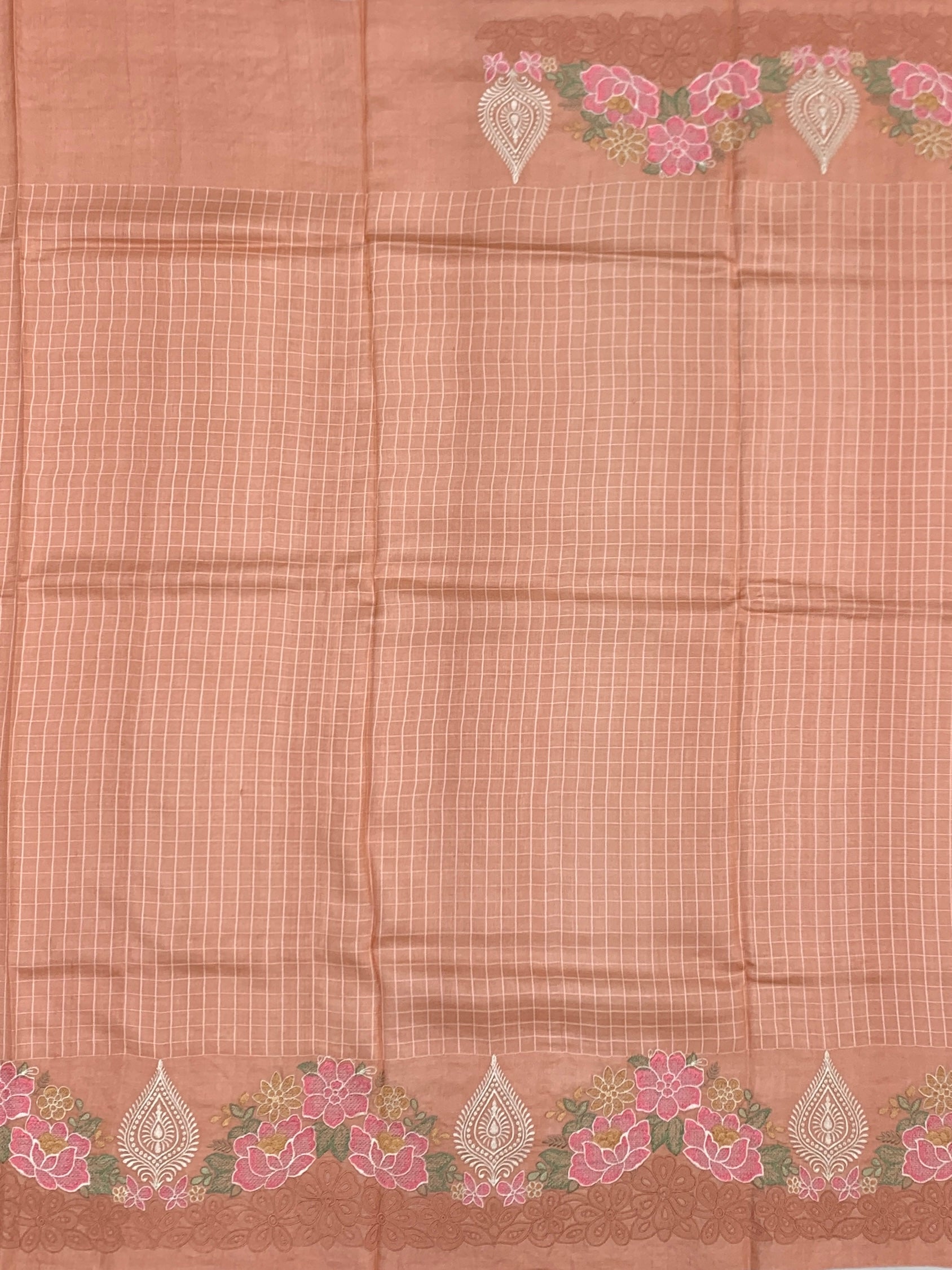 Warm Peach Tussore Silk Saree with Woven Checks & Floral Embroidery