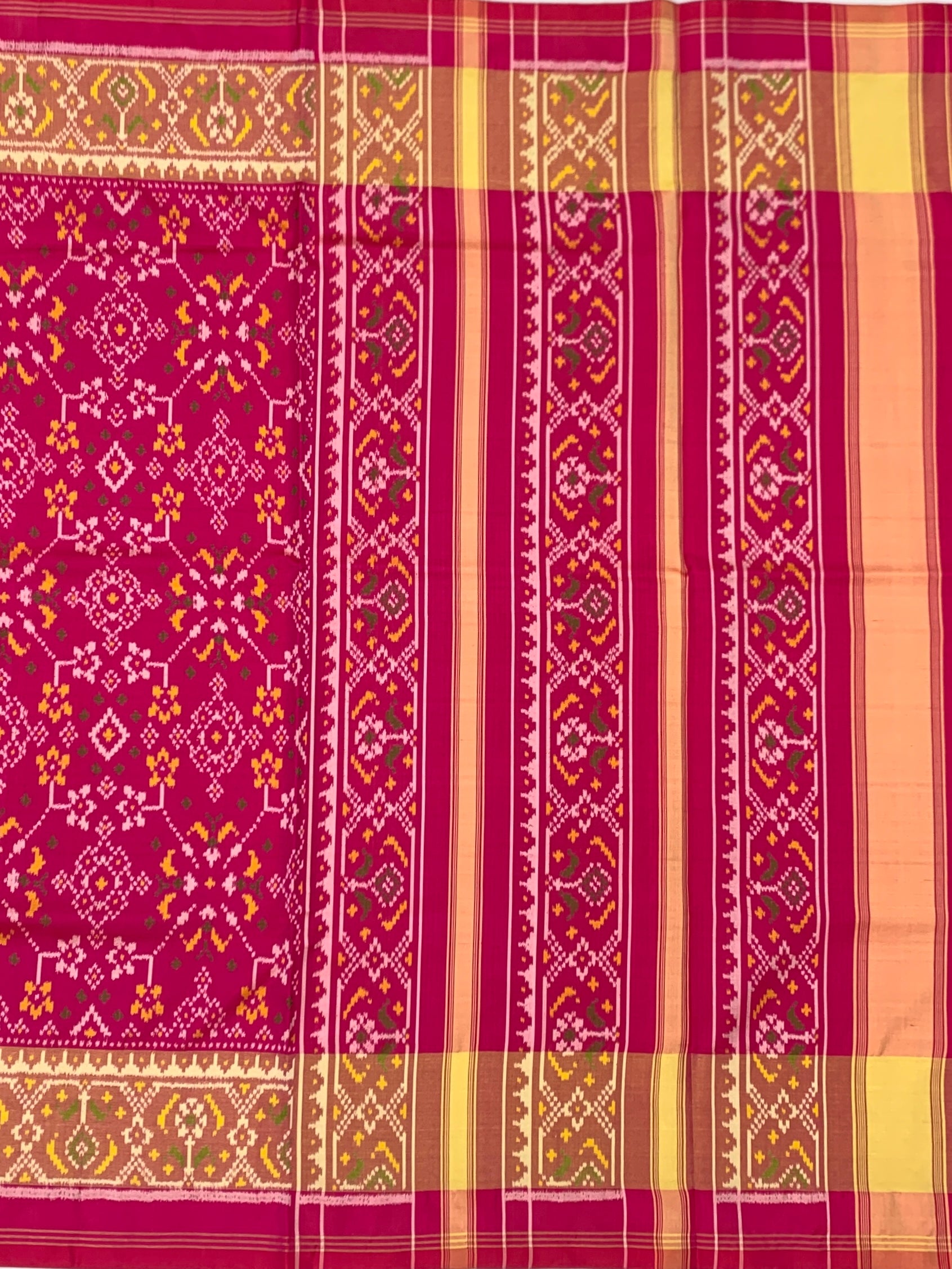 Ranee Pink & Golden Yellow: Geometric Lattice Rajkot Patola Silk Saree