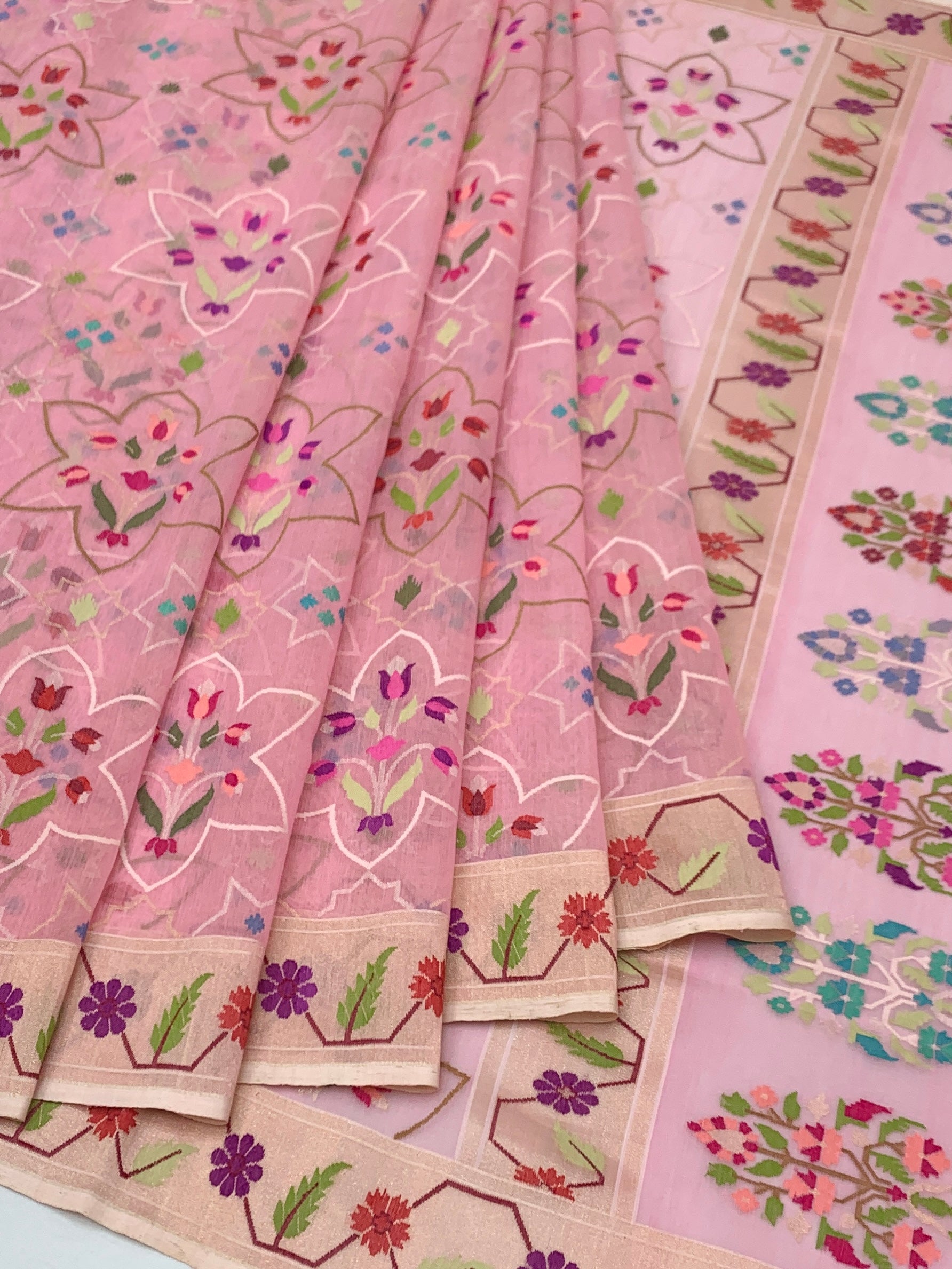 Soft Blush Pink Cotton Jamdani Saree with Geometric Star and Floral Weaves