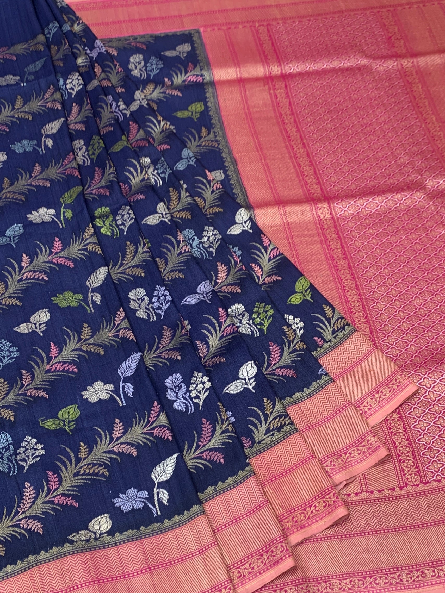 Midnight Navy Tussore Georgette Saree with Meenakari Botanicals and Rose Pink Pallu