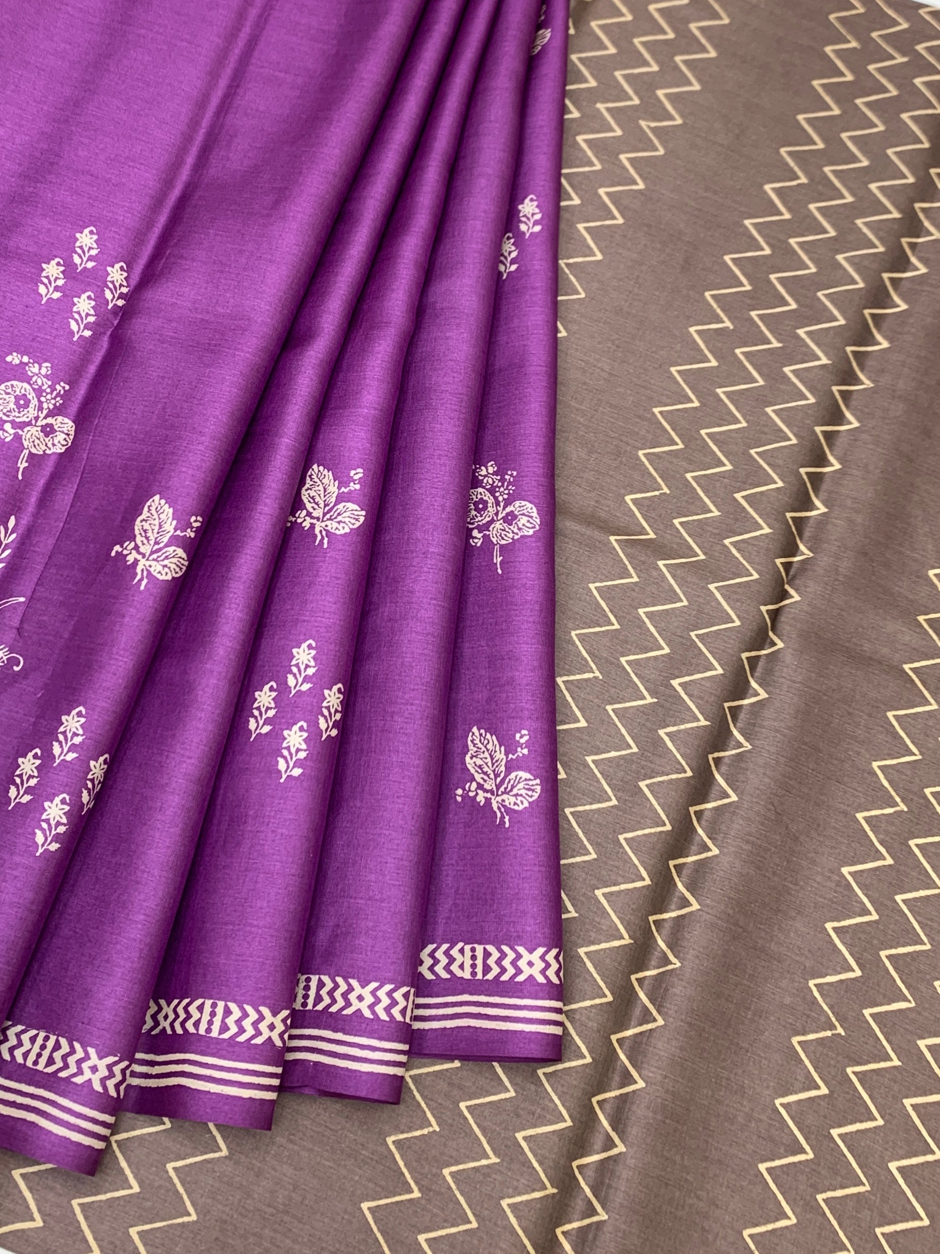 Imperial Purple & Earthy Taupe Printed Tussore Saree