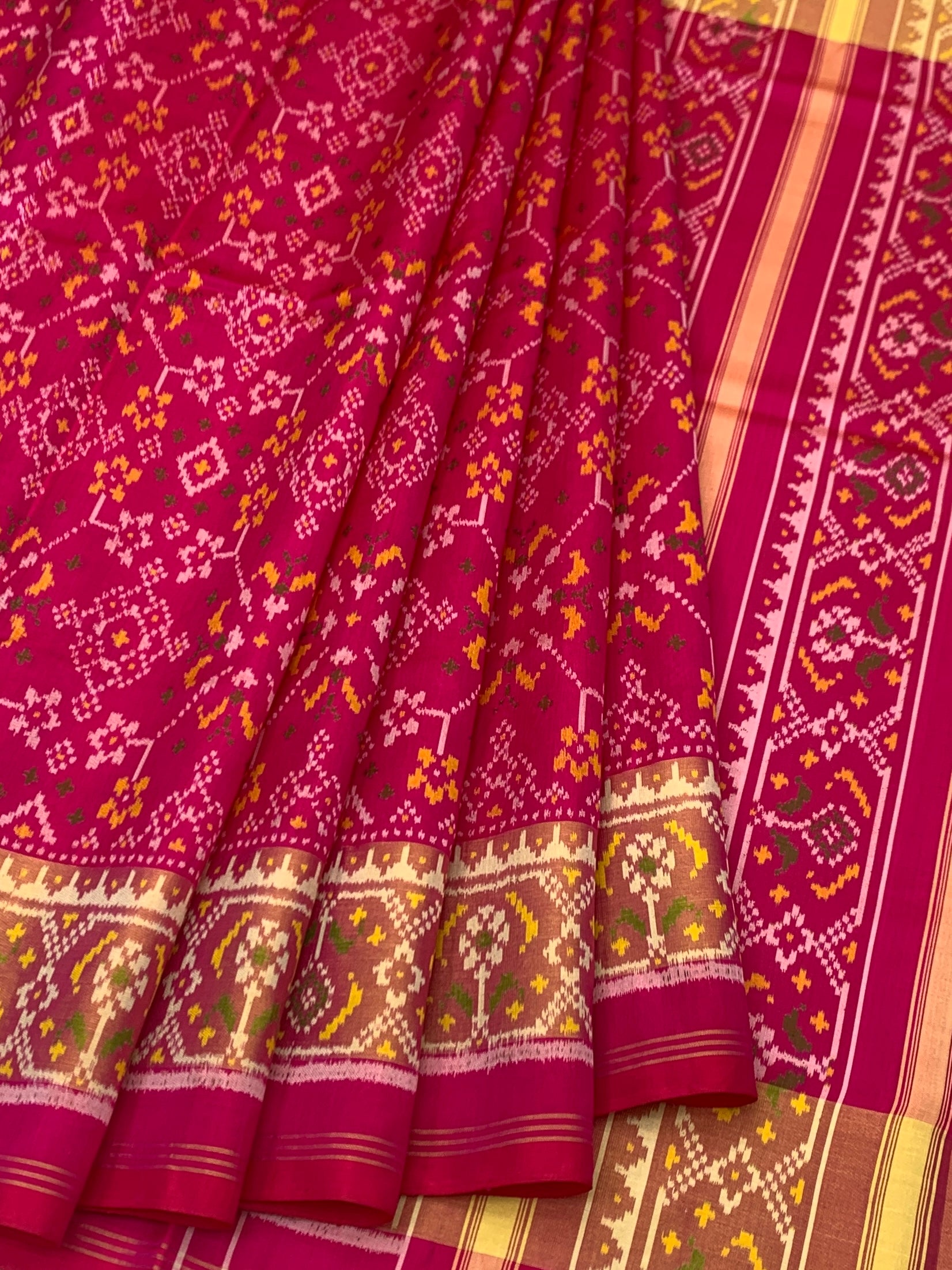 Ranee Pink & Golden Yellow: Geometric Lattice Rajkot Patola Silk Saree