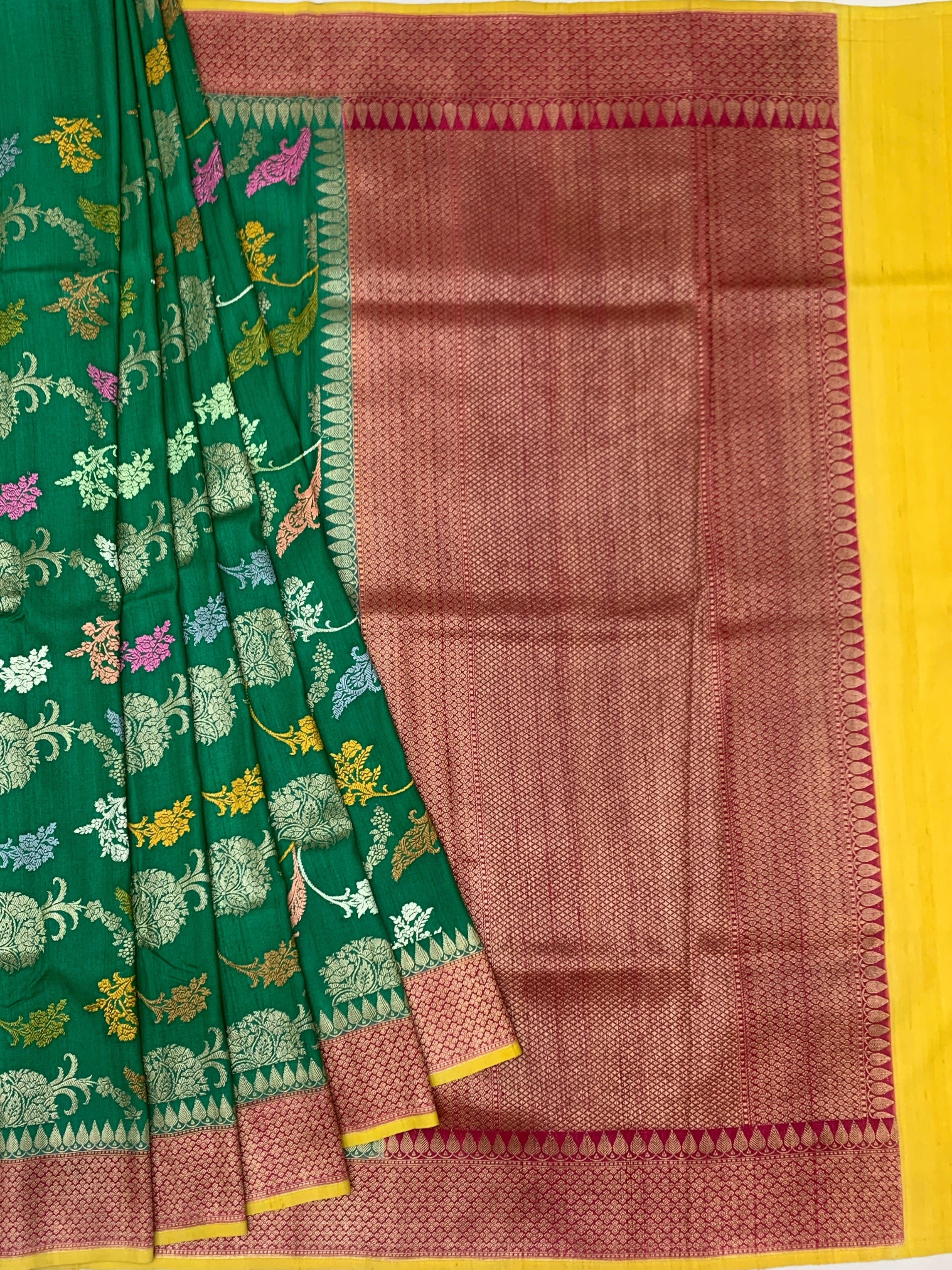 Emerald Green Tussore Georgette Saree with Meenakari Floral Jaal & Bright Yellow Blouse