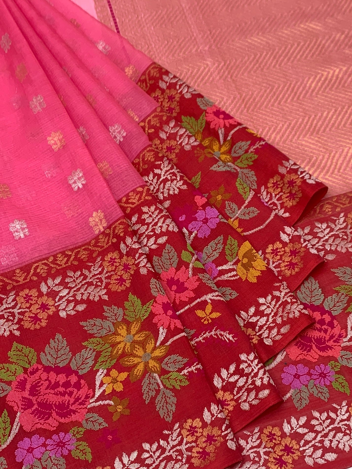 Pink Zari Kota Saree with Multicolored Floral Red Border