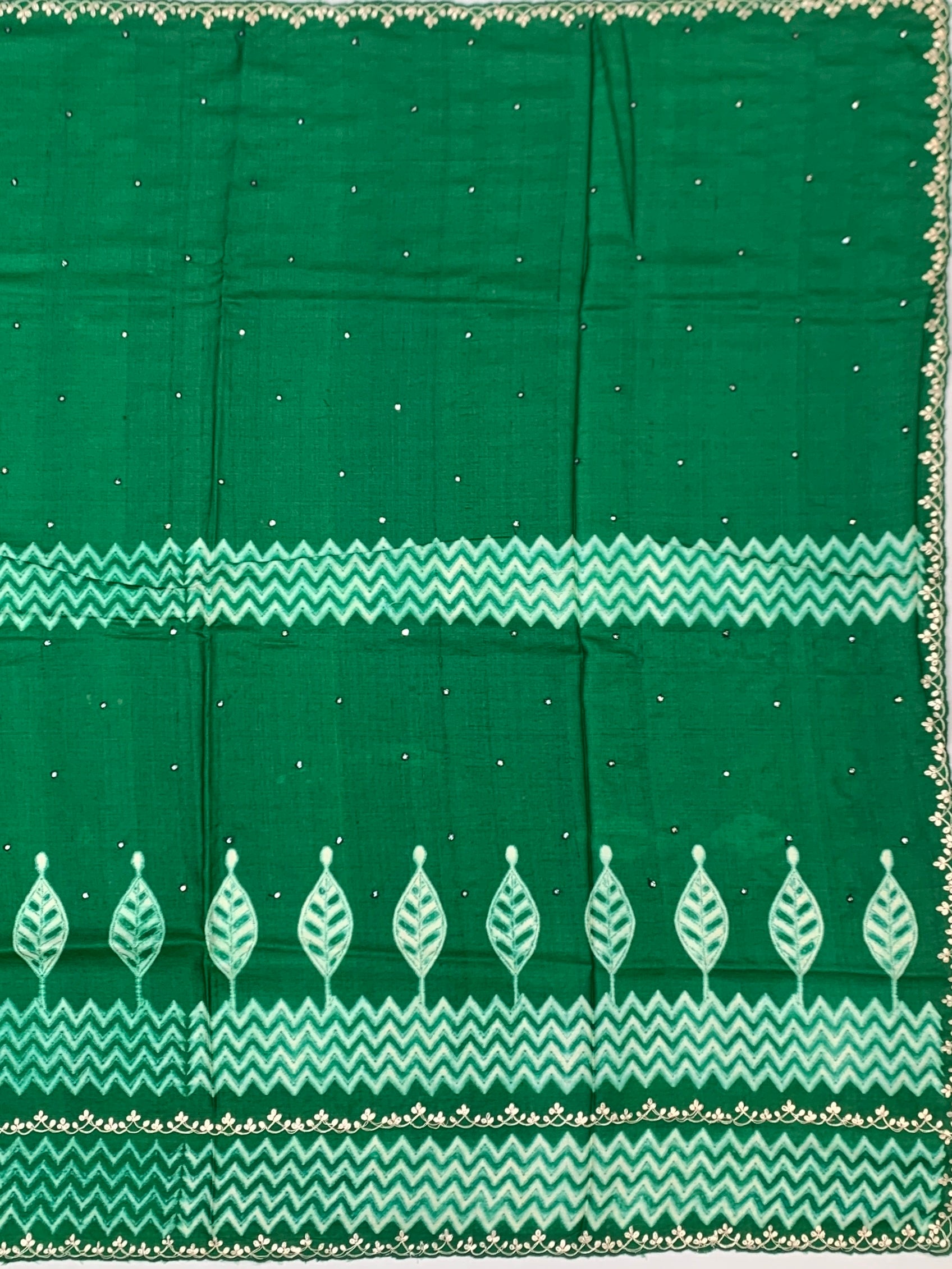 Emerald Green Tussore Silk Saree with Chevron Patterns & Embroidered Borders