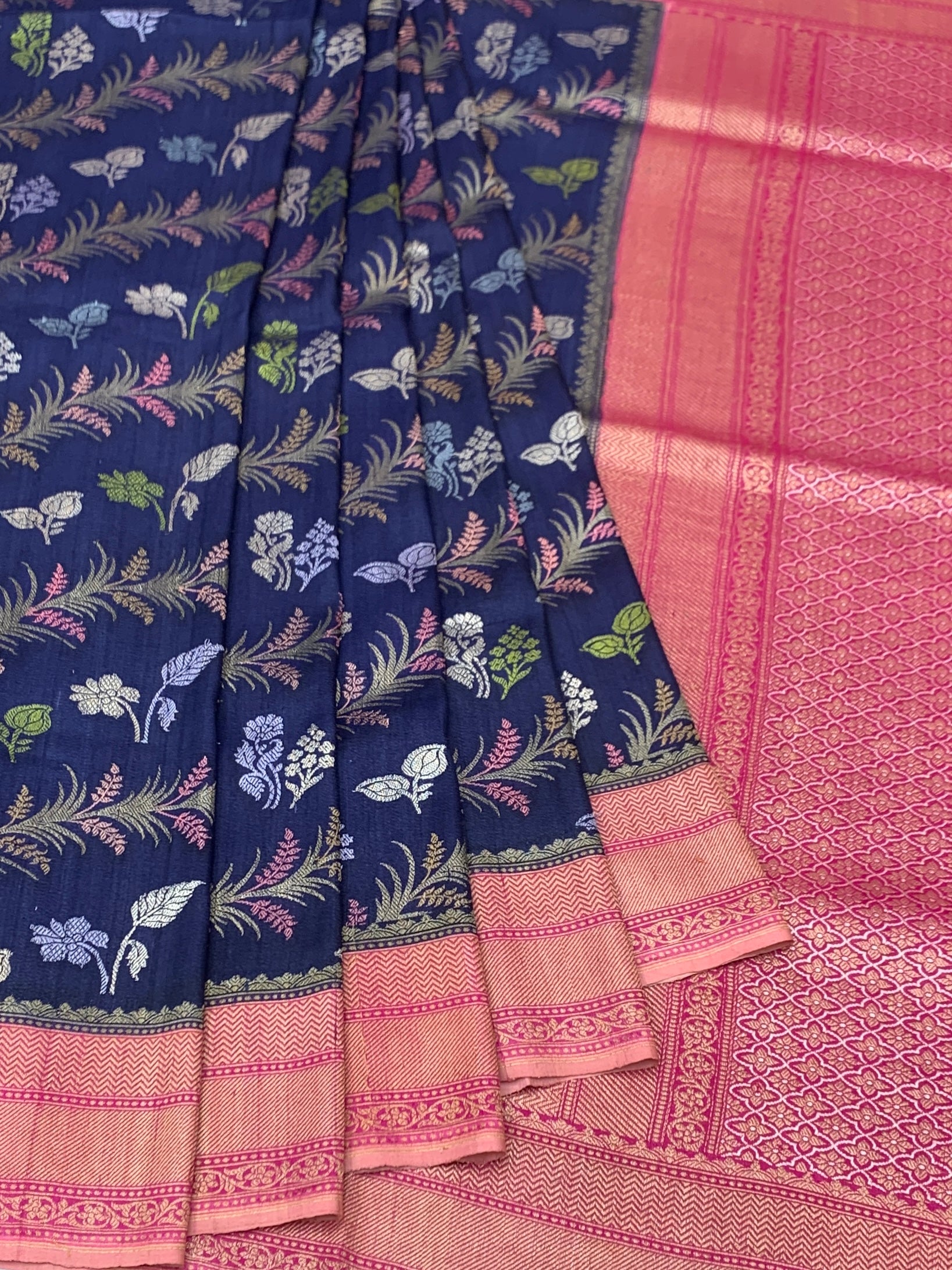 Midnight Navy Tussore Georgette Saree with Meenakari Botanicals and Rose Pink Pallu