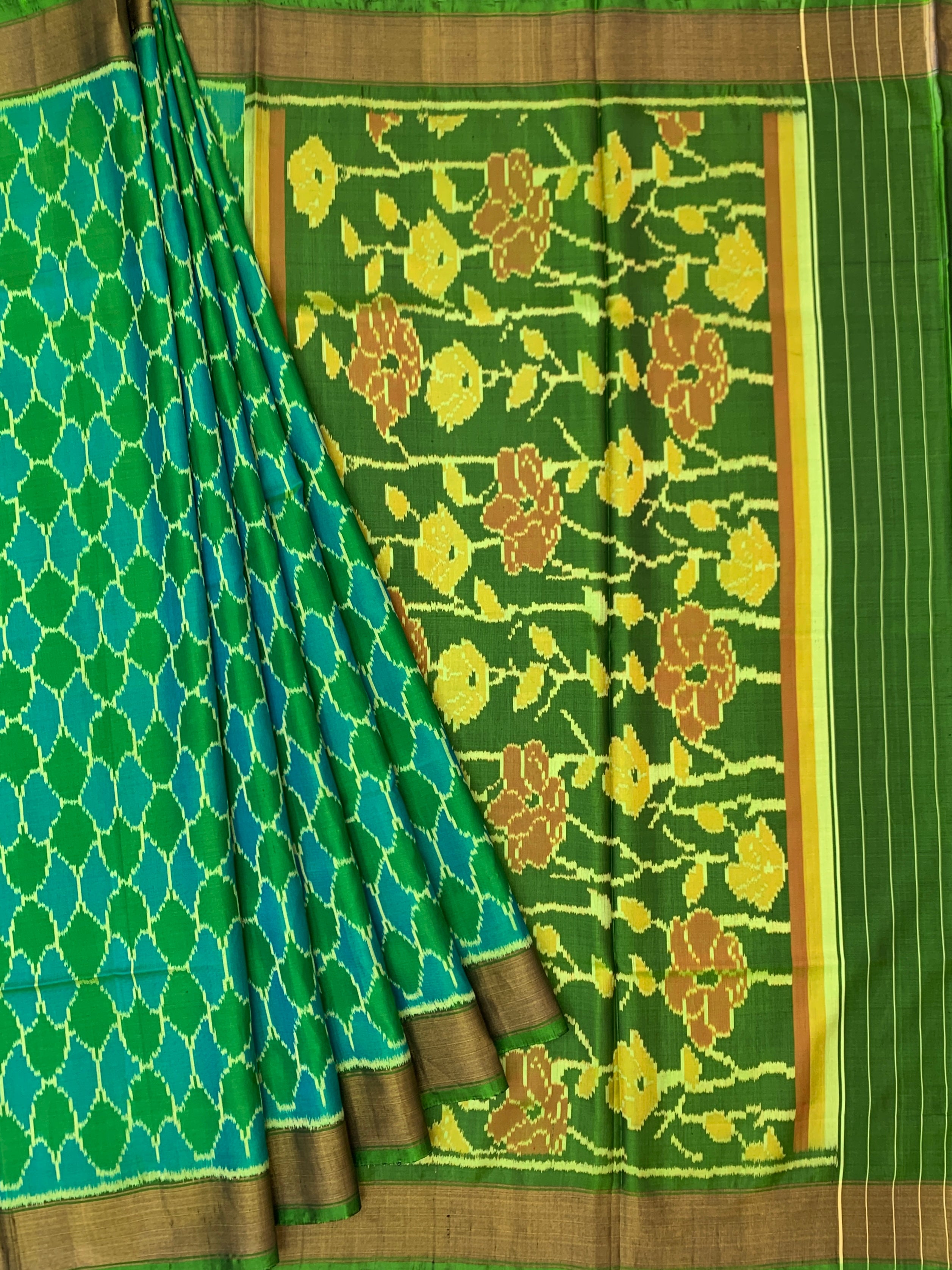 Emerald & Teal Blue Floral Rajkot Patola Silk Saree