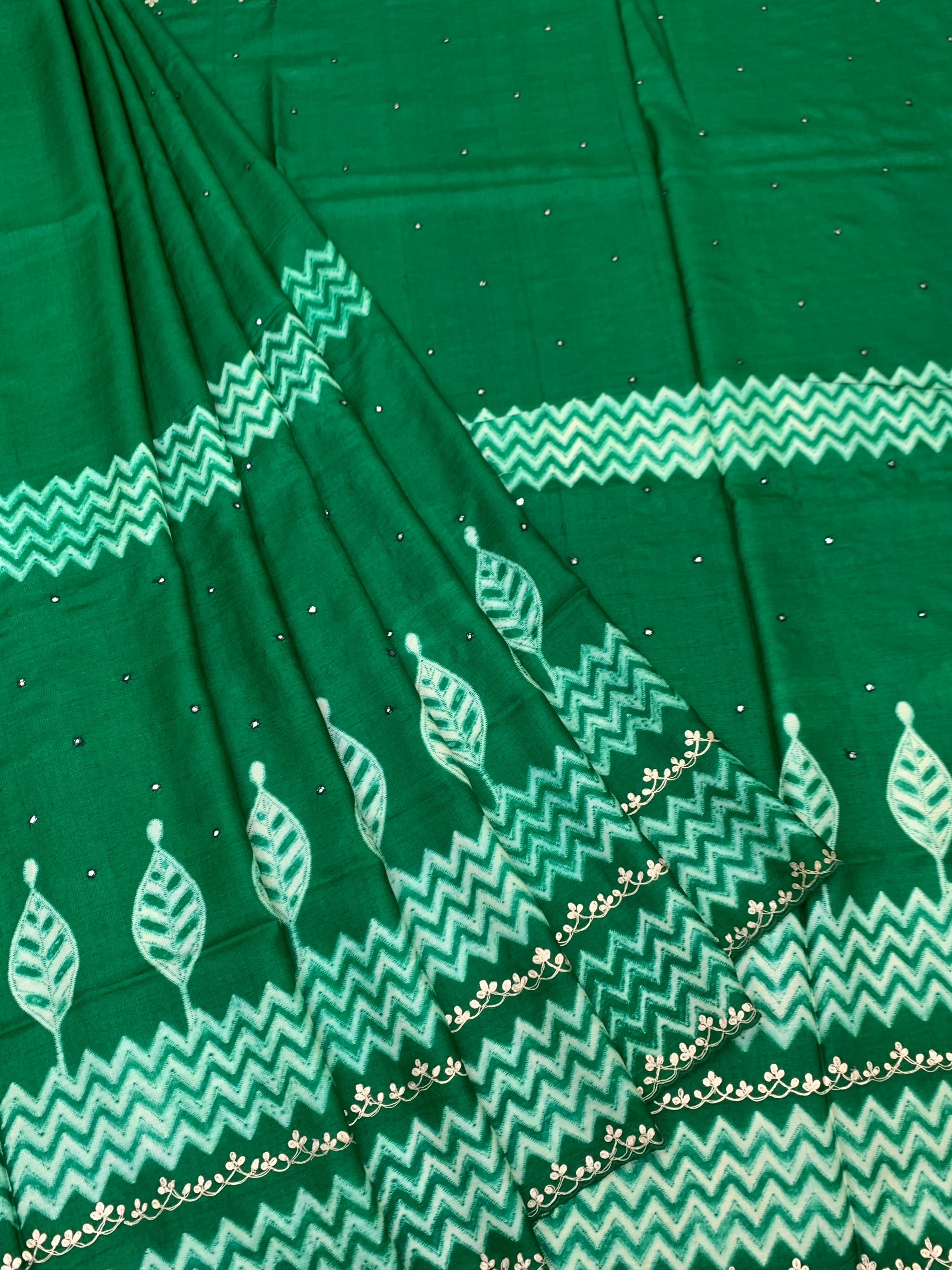 Emerald Green Tussore Silk Saree with Chevron Patterns & Embroidered Borders