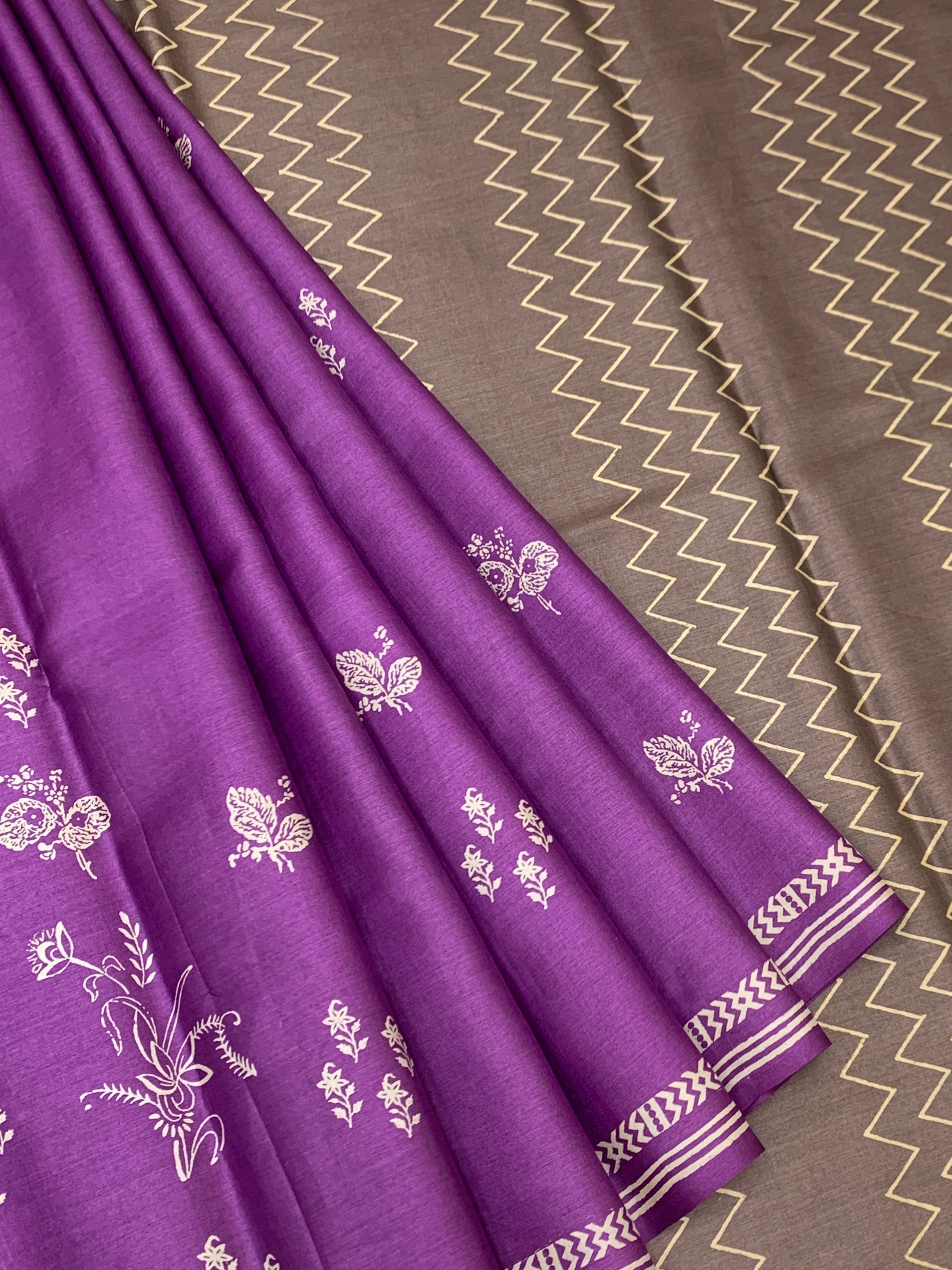 Imperial Purple & Earthy Taupe Printed Tussore Saree