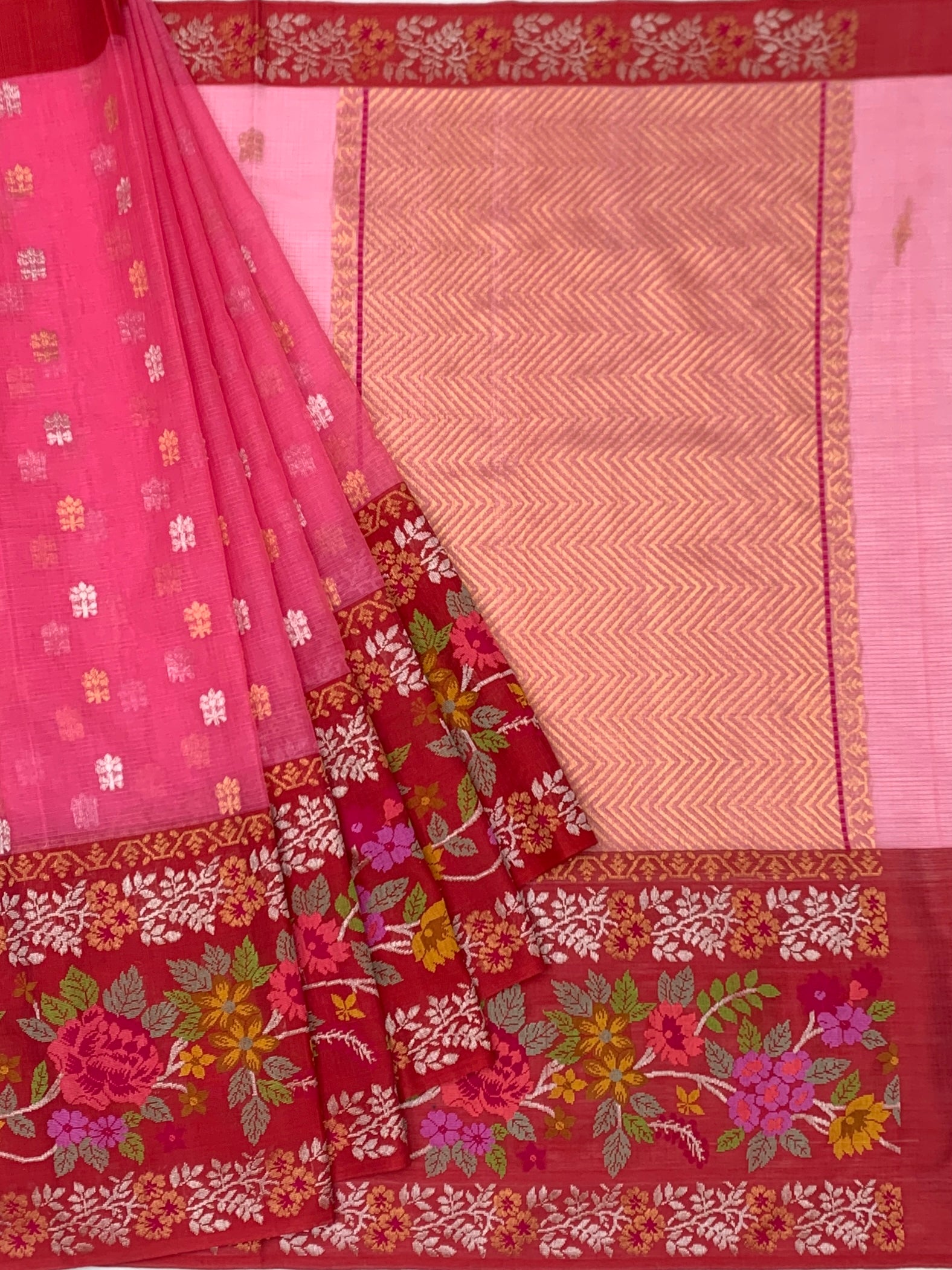 Pink Zari Kota Saree with Multicolored Floral Red Border