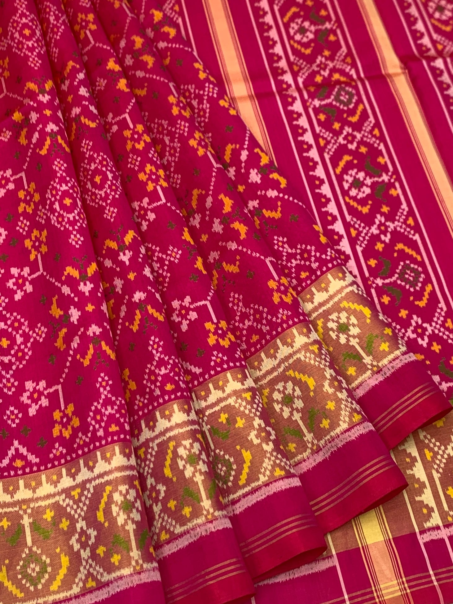 Ranee Pink & Golden Yellow: Geometric Lattice Rajkot Patola Silk Saree