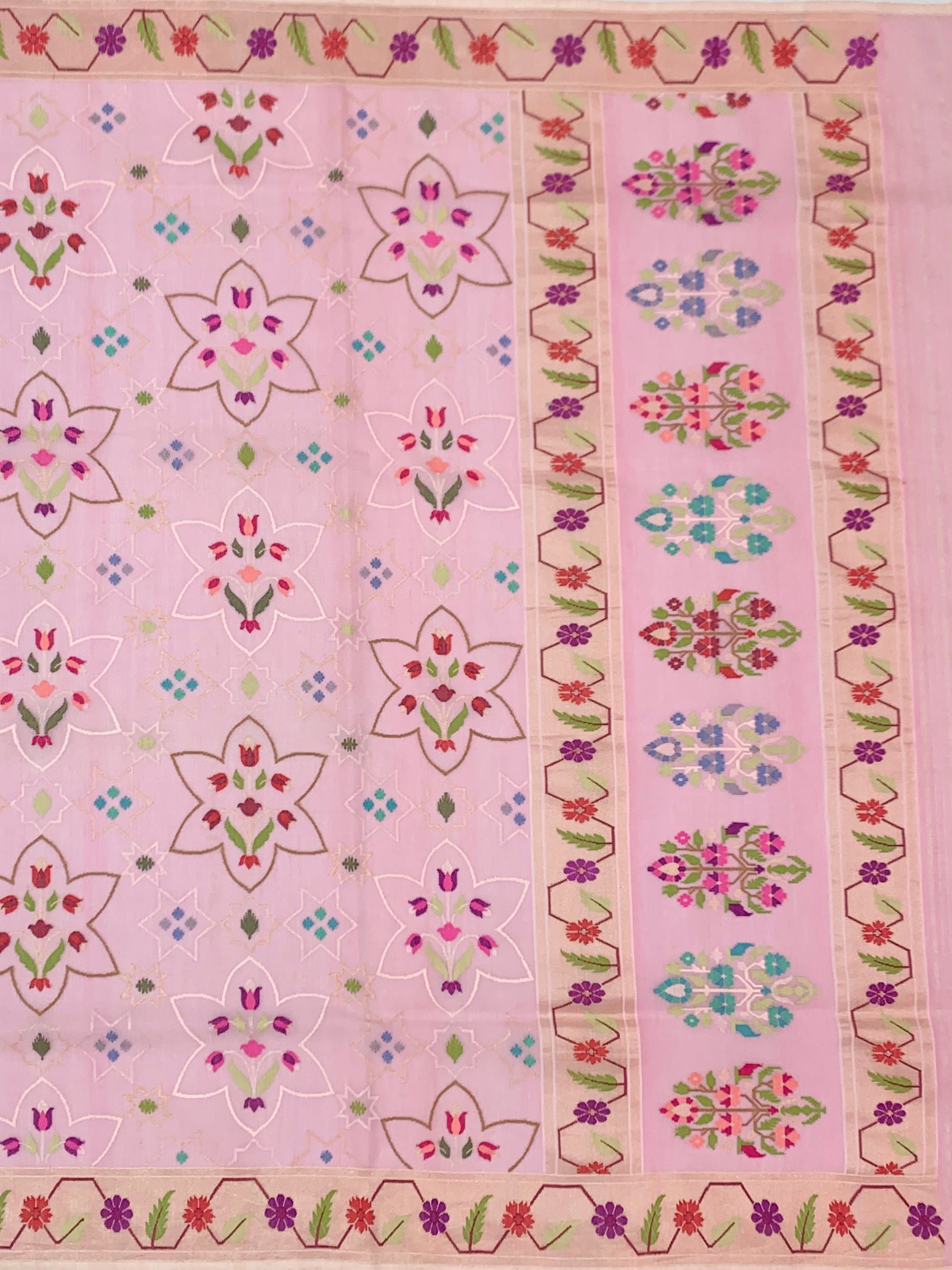 Soft Blush Pink Cotton Jamdani Saree with Geometric Star and Floral Weaves