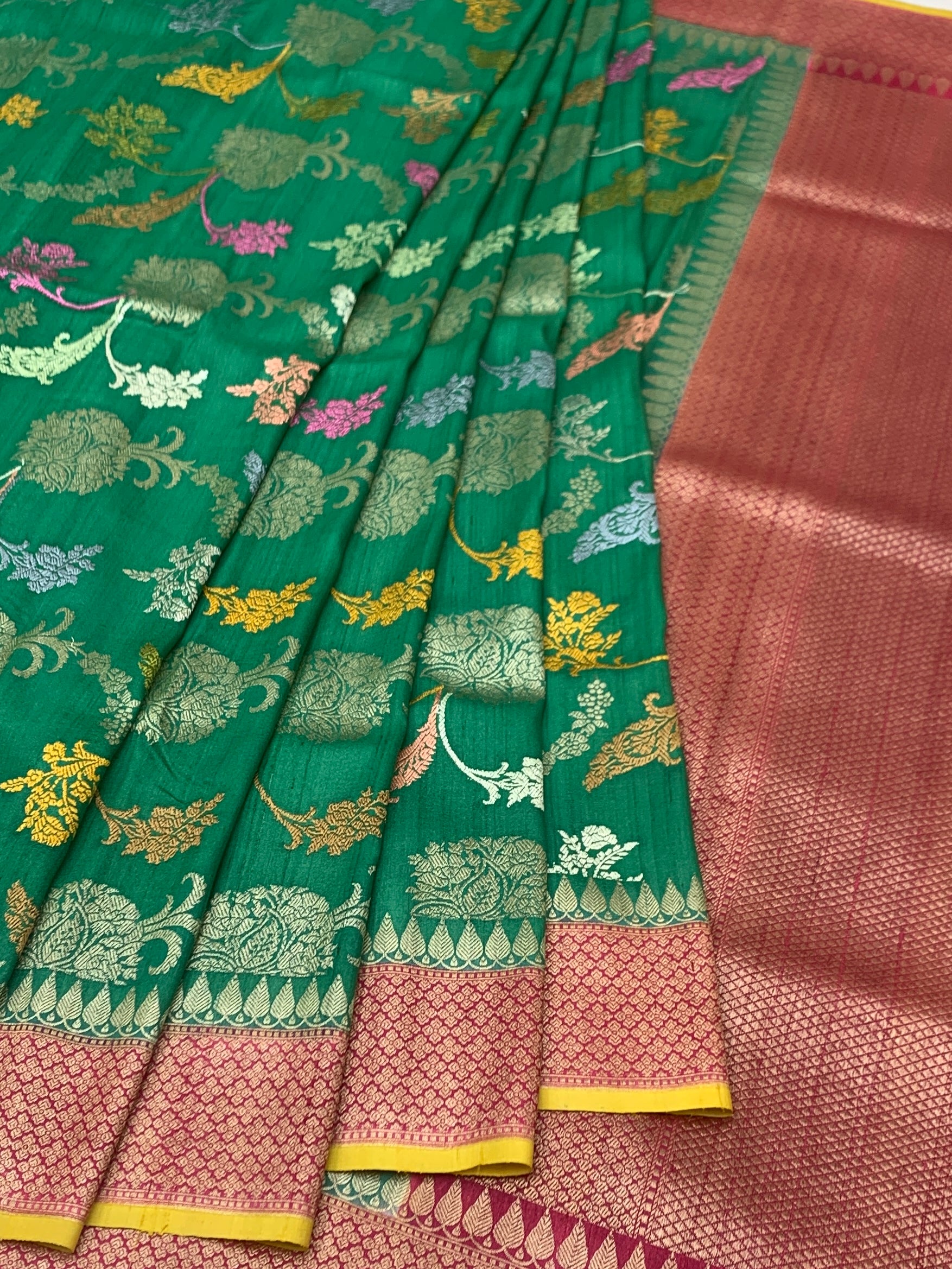 Emerald Green Tussore Georgette Saree with Meenakari Floral Jaal & Bright Yellow Blouse