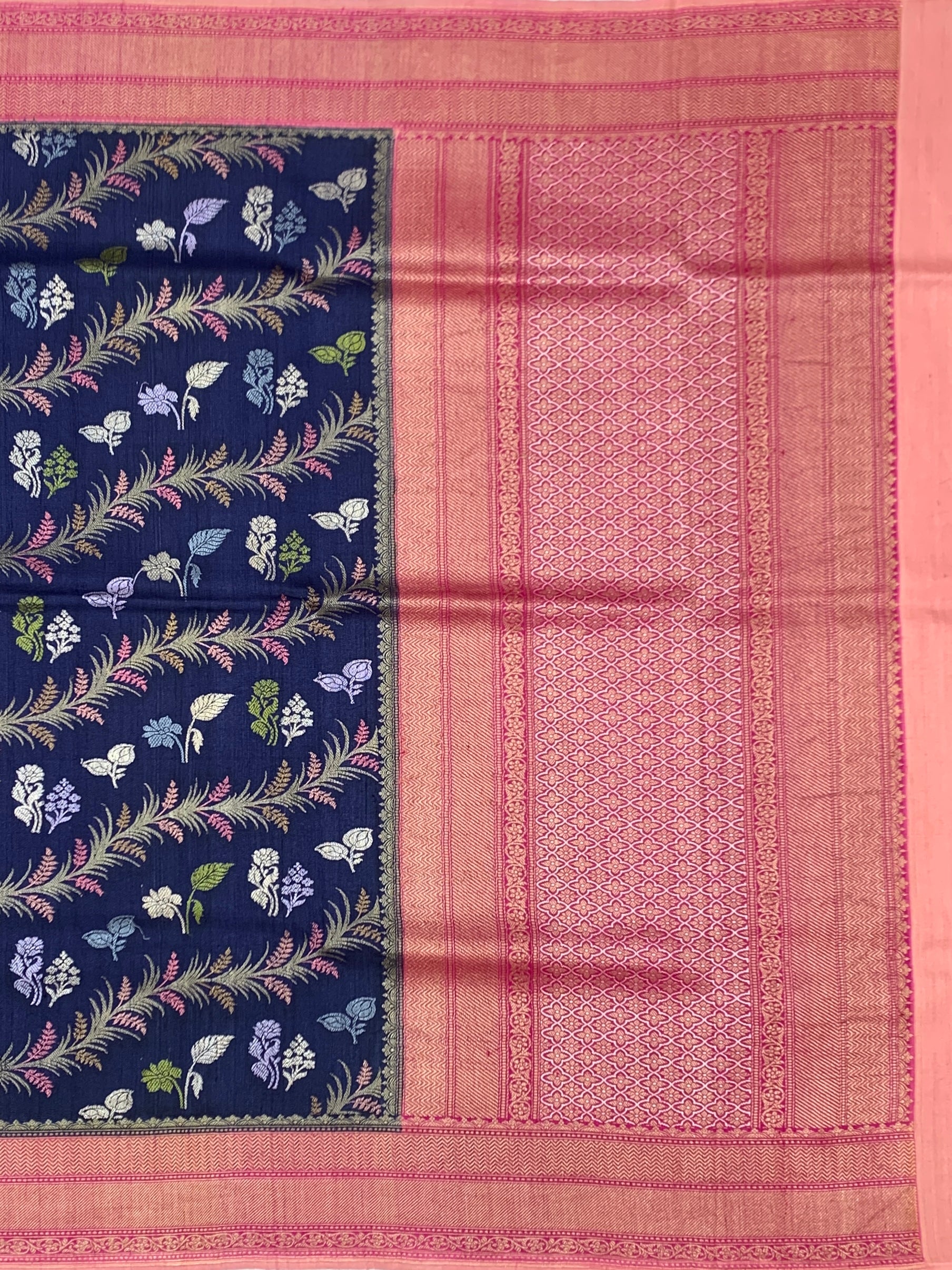 Midnight Navy Tussore Georgette Saree with Meenakari Botanicals and Rose Pink Pallu