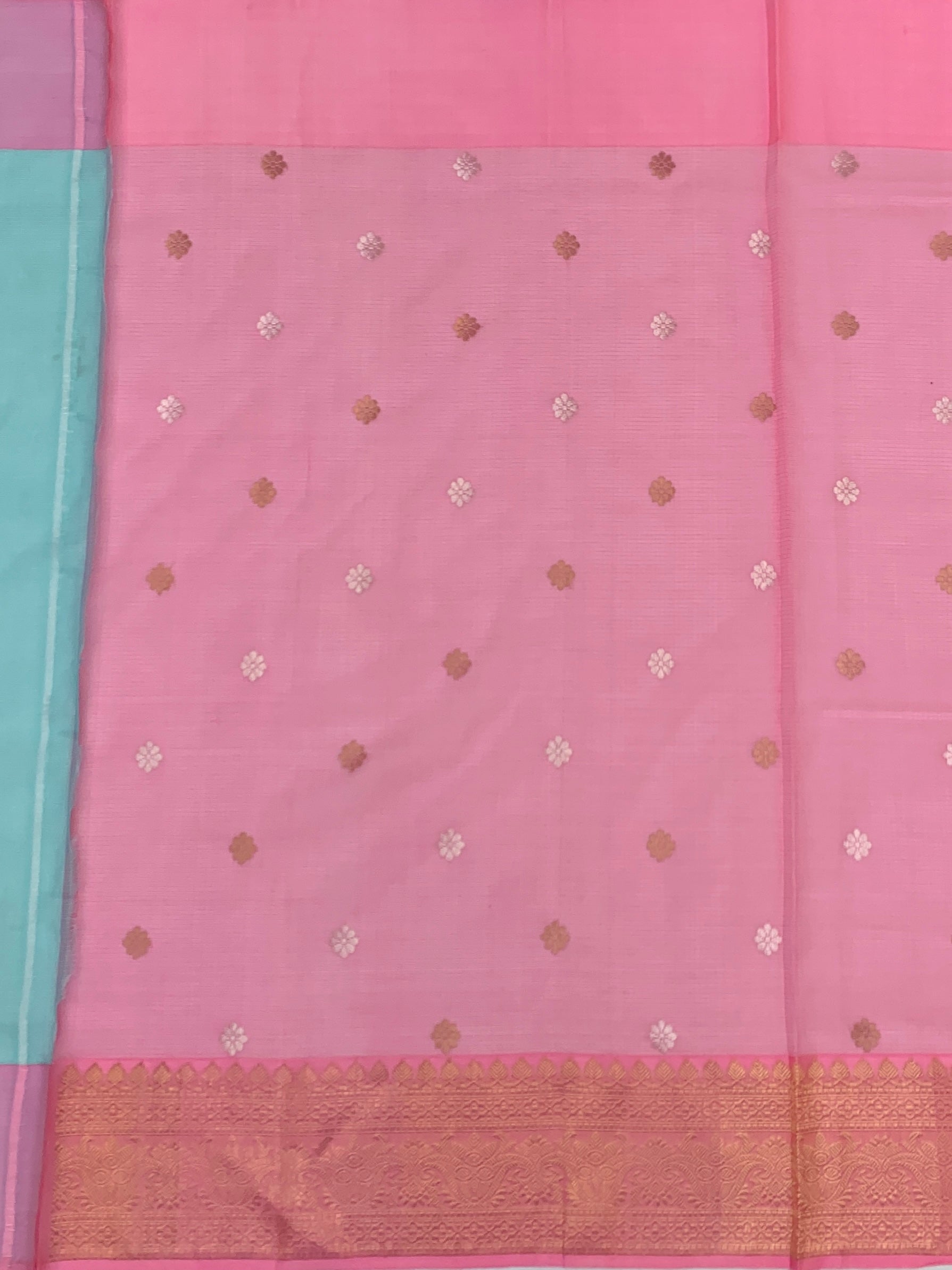 Ice Blue Tissue Zari Kota Saree with Contrast Pink Blouse
