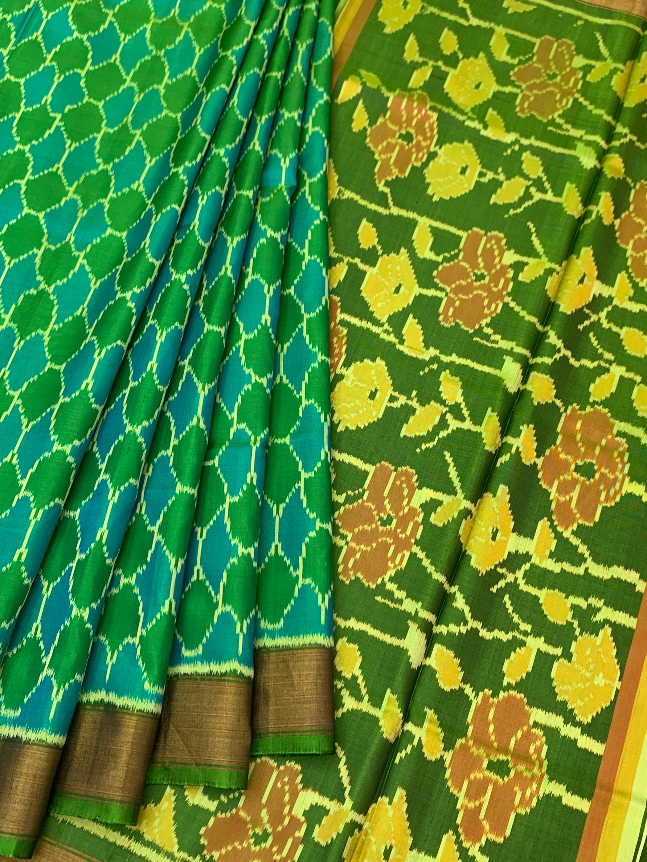 Emerald & Teal Blue Floral Rajkot Patola Silk Saree