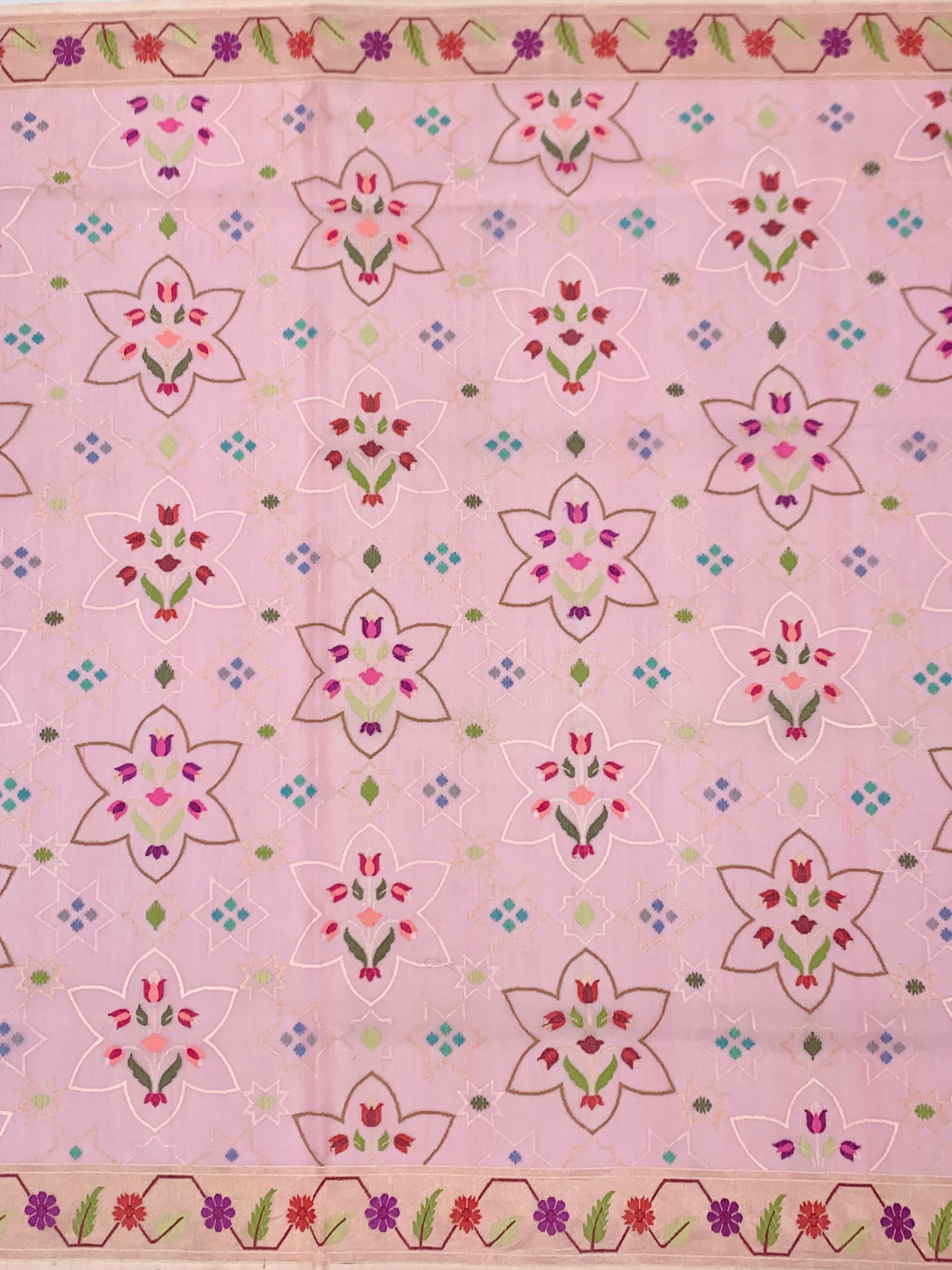 Soft Blush Pink Cotton Jamdani Saree with Geometric Star and Floral Weaves