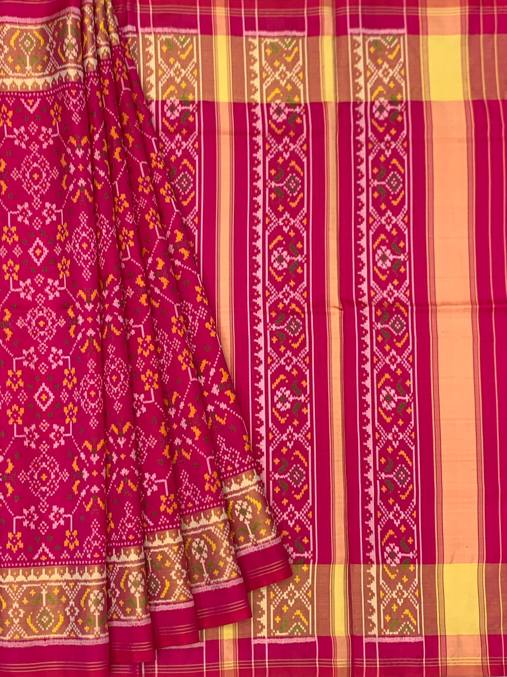 Ranee Pink & Golden Yellow: Geometric Lattice Rajkot Patola Silk Saree