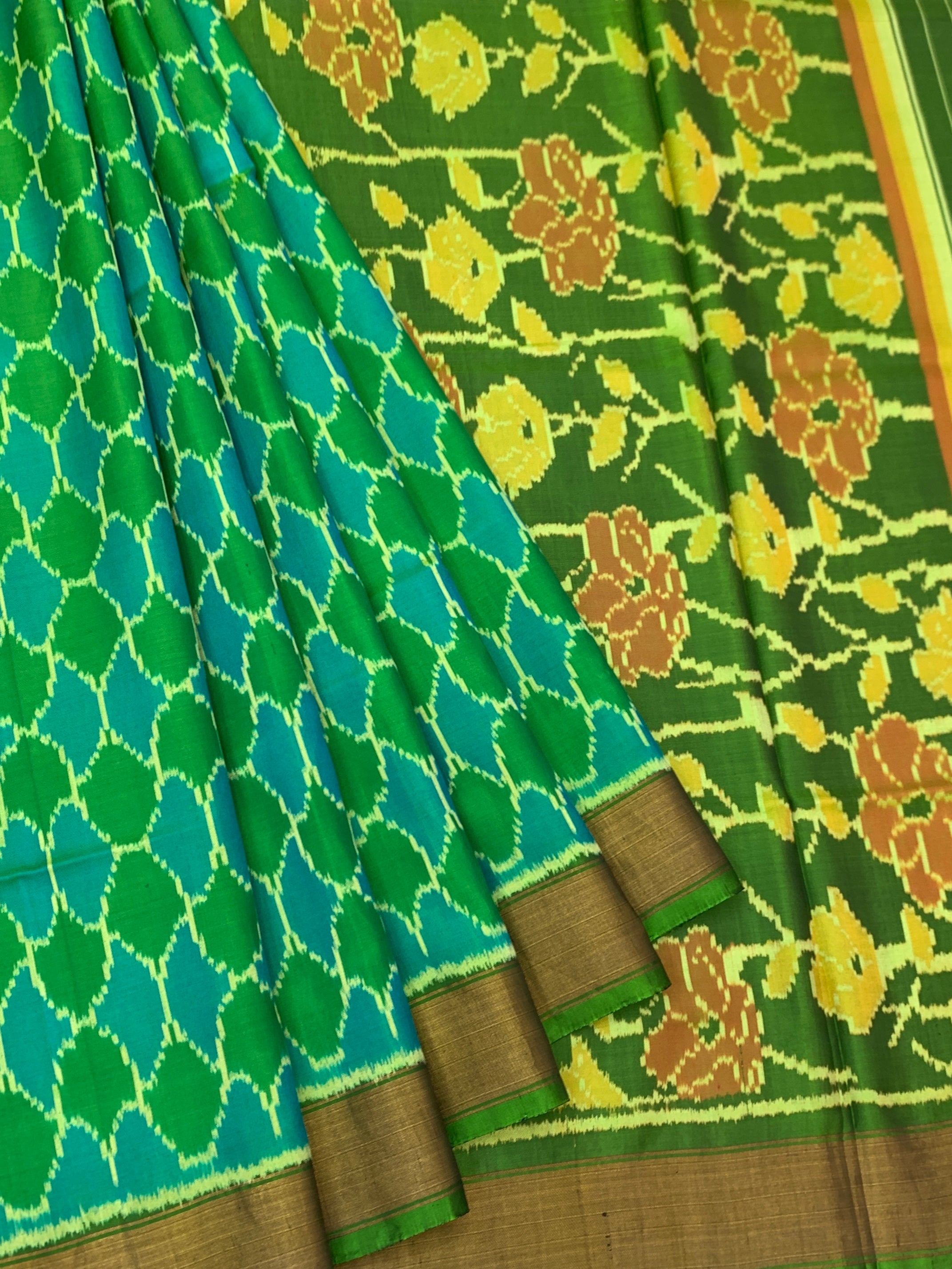 Emerald & Teal Blue Floral Rajkot Patola Silk Saree