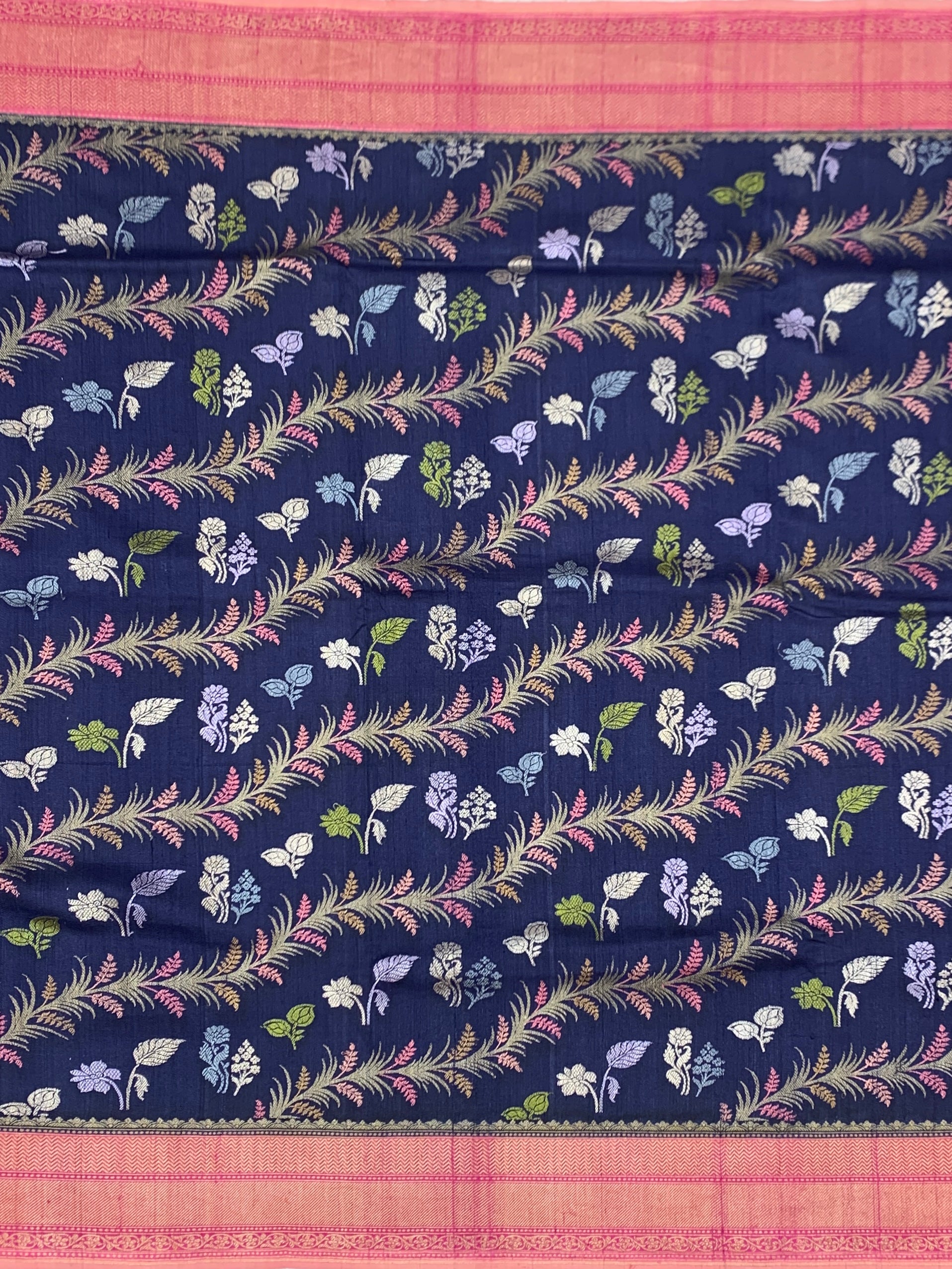 Midnight Navy Tussore Georgette Saree with Meenakari Botanicals and Rose Pink Pallu