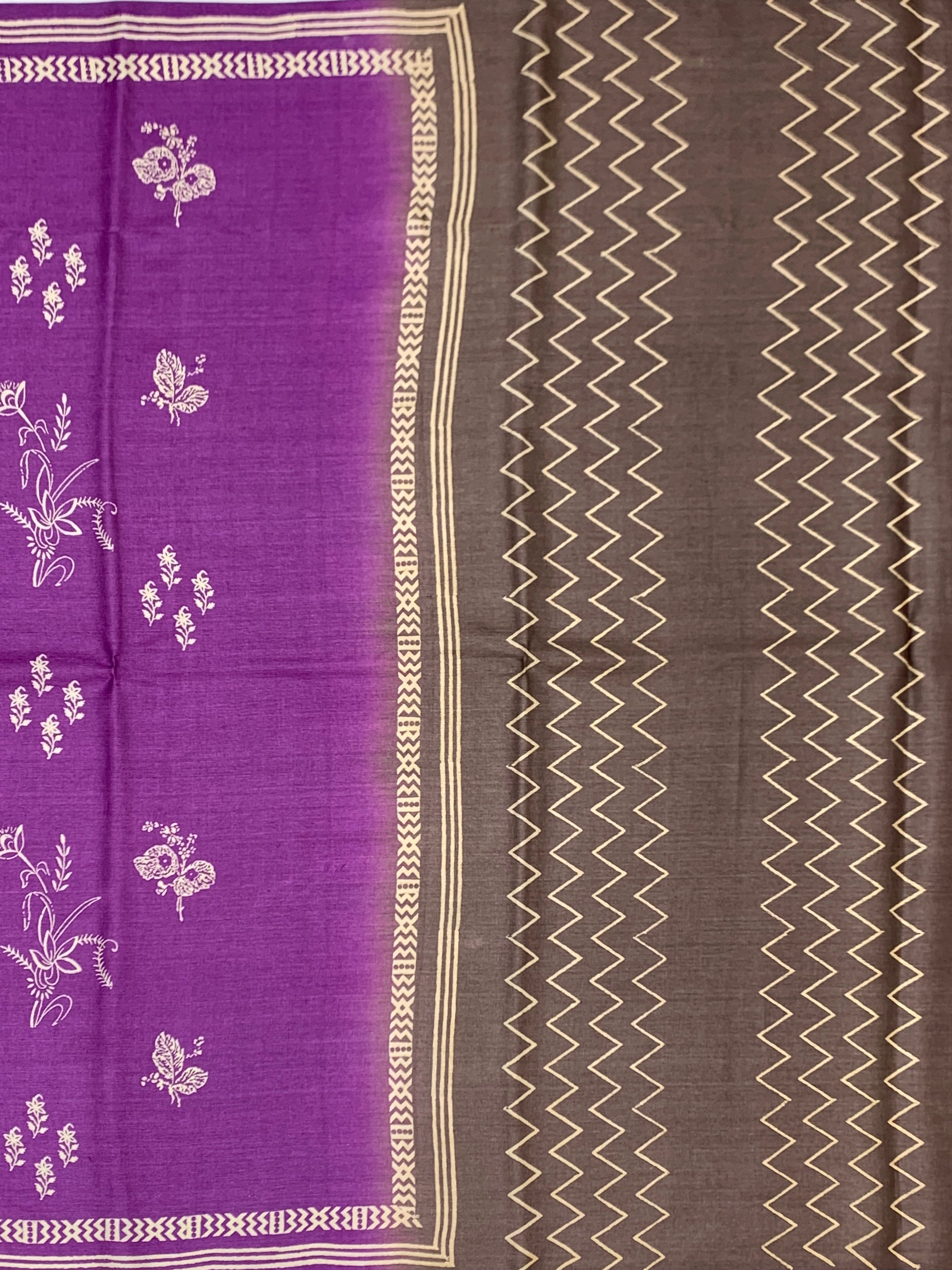 Imperial Purple & Earthy Taupe Printed Tussore Saree