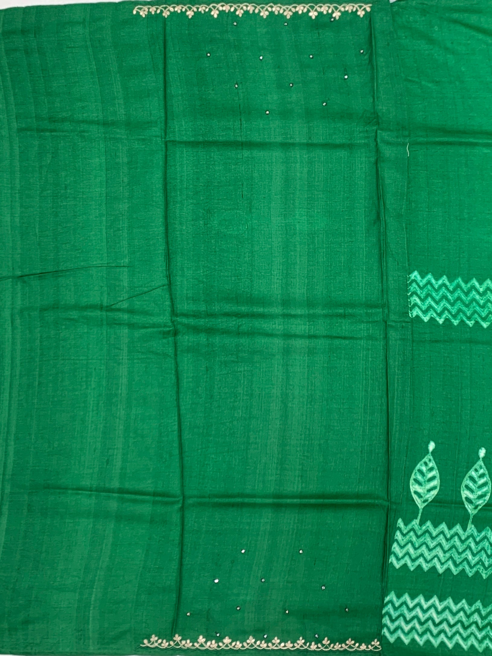 Emerald Green Tussore Silk Saree with Chevron Patterns & Embroidered Borders