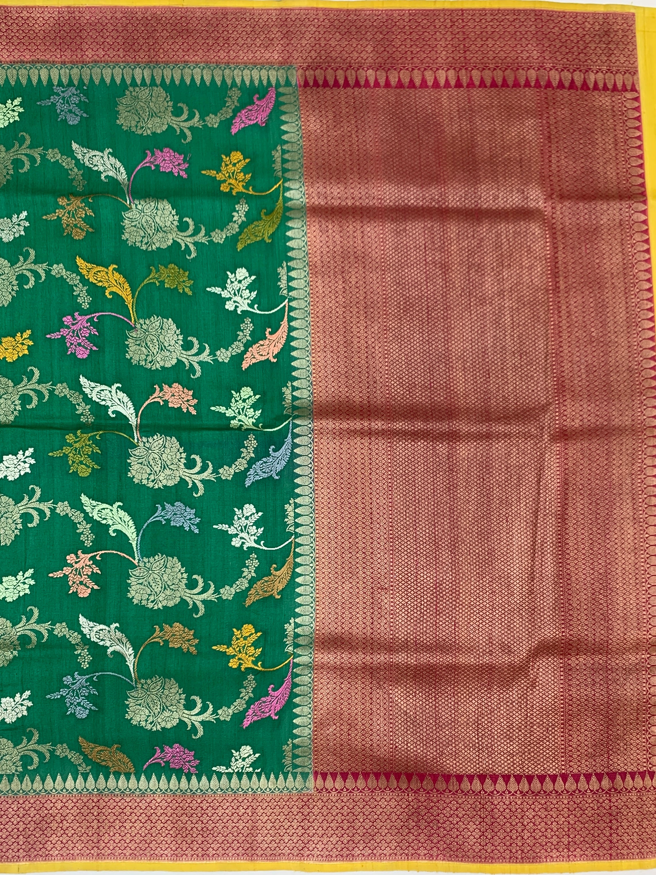 Emerald Green Tussore Georgette Saree with Meenakari Floral Jaal & Bright Yellow Blouse