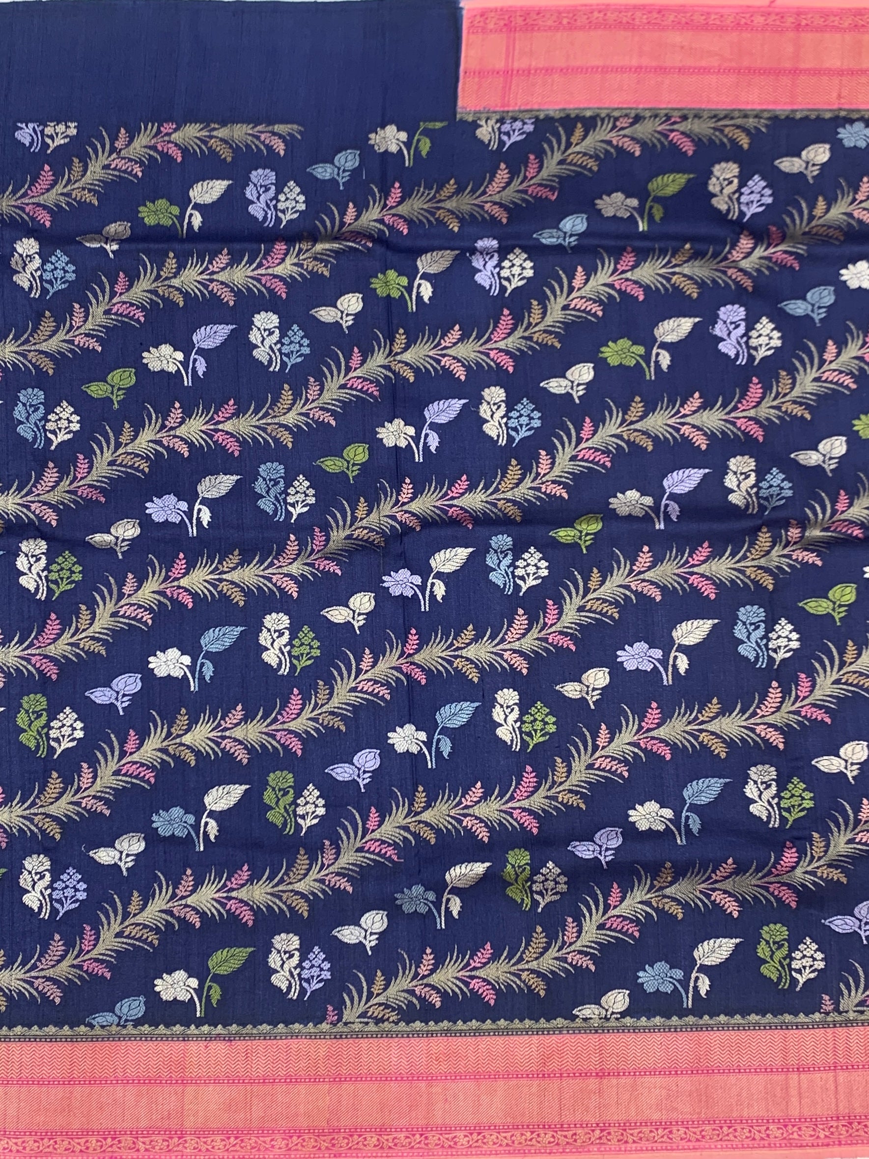 Midnight Navy Tussore Georgette Saree with Meenakari Botanicals and Rose Pink Pallu