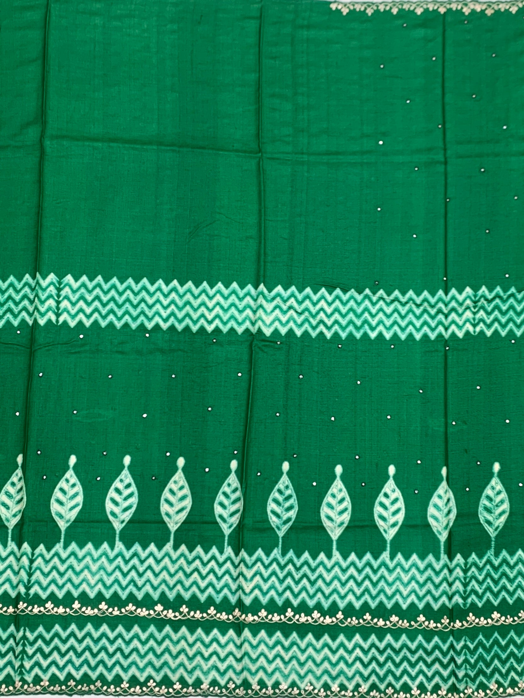 Emerald Green Tussore Silk Saree with Chevron Patterns & Embroidered Borders