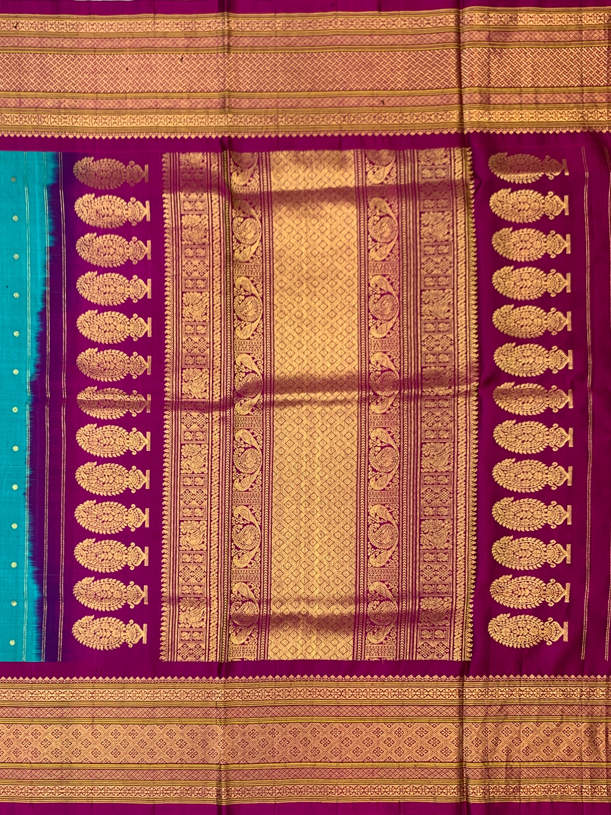 Exquisite Peacock Blue & Magenta Gadwal Twill Pattu Saree