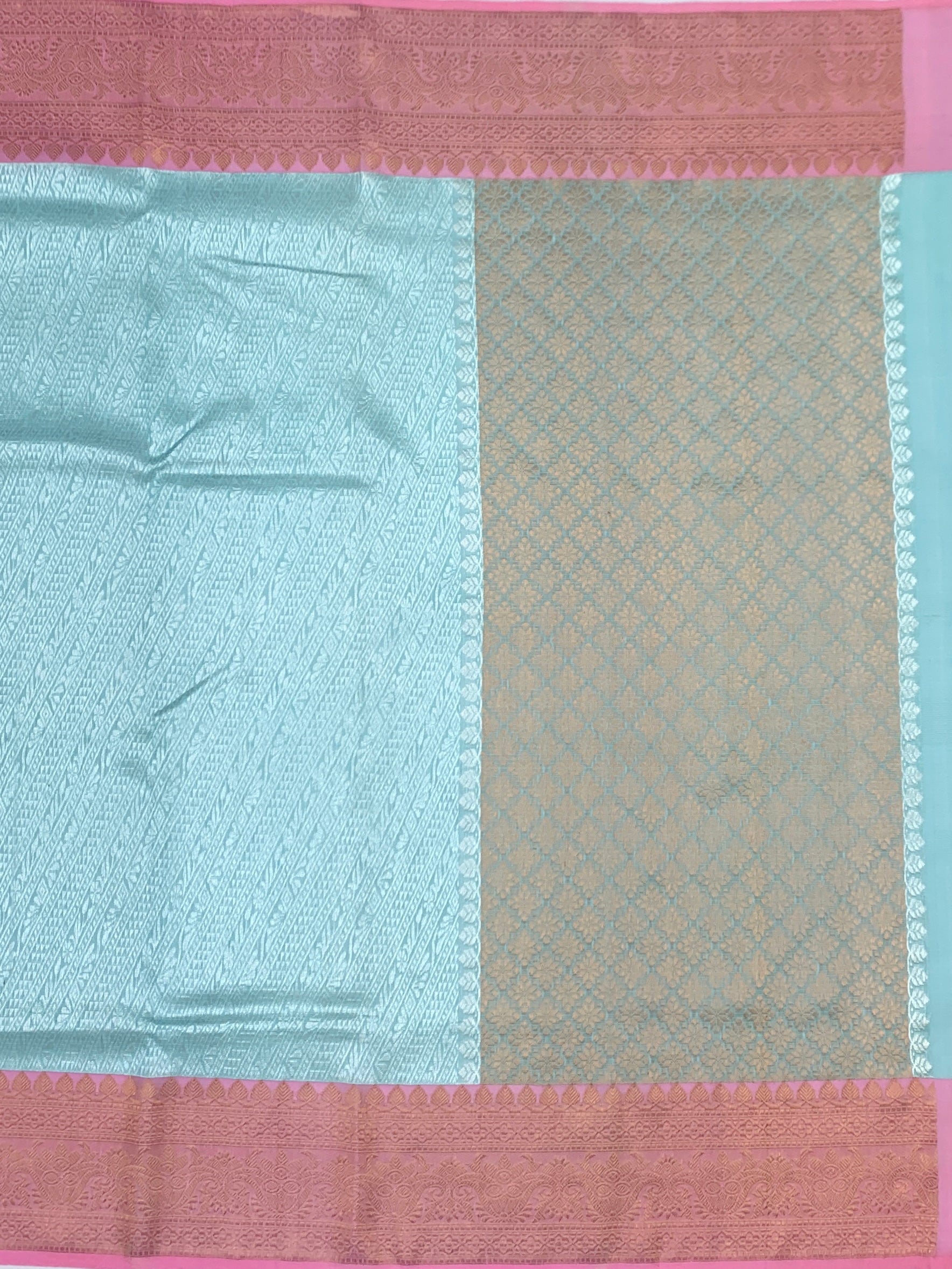 Ice Blue Tissue Zari Kota Saree with Contrast Pink Blouse