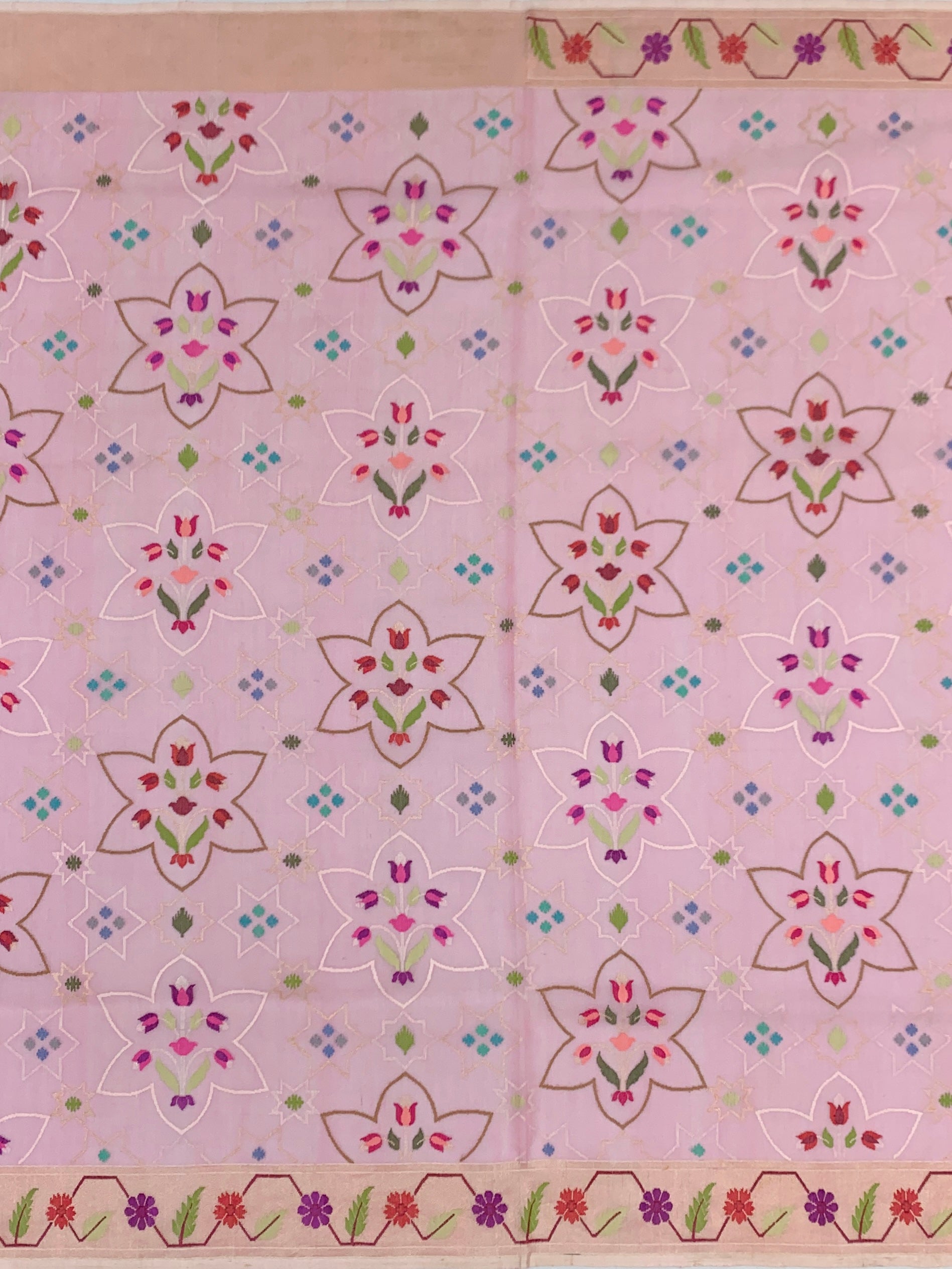 Soft Blush Pink Cotton Jamdani Saree with Geometric Star and Floral Weaves