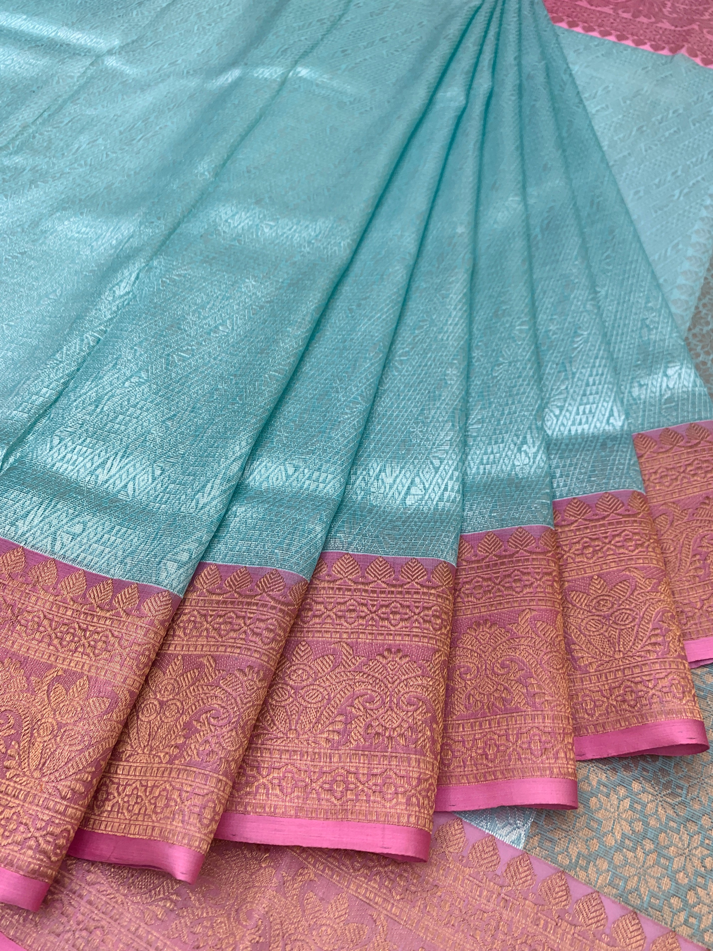 Ice Blue Tissue Zari Kota Saree with Contrast Pink Blouse