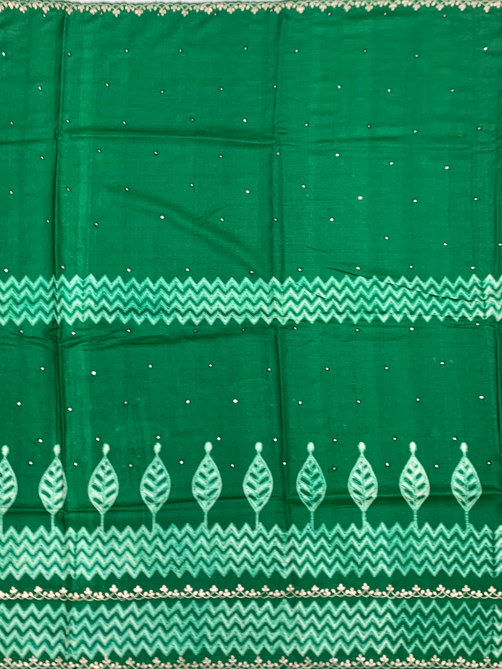 Emerald Green Tussore Silk Saree with Chevron Patterns & Embroidered Borders
