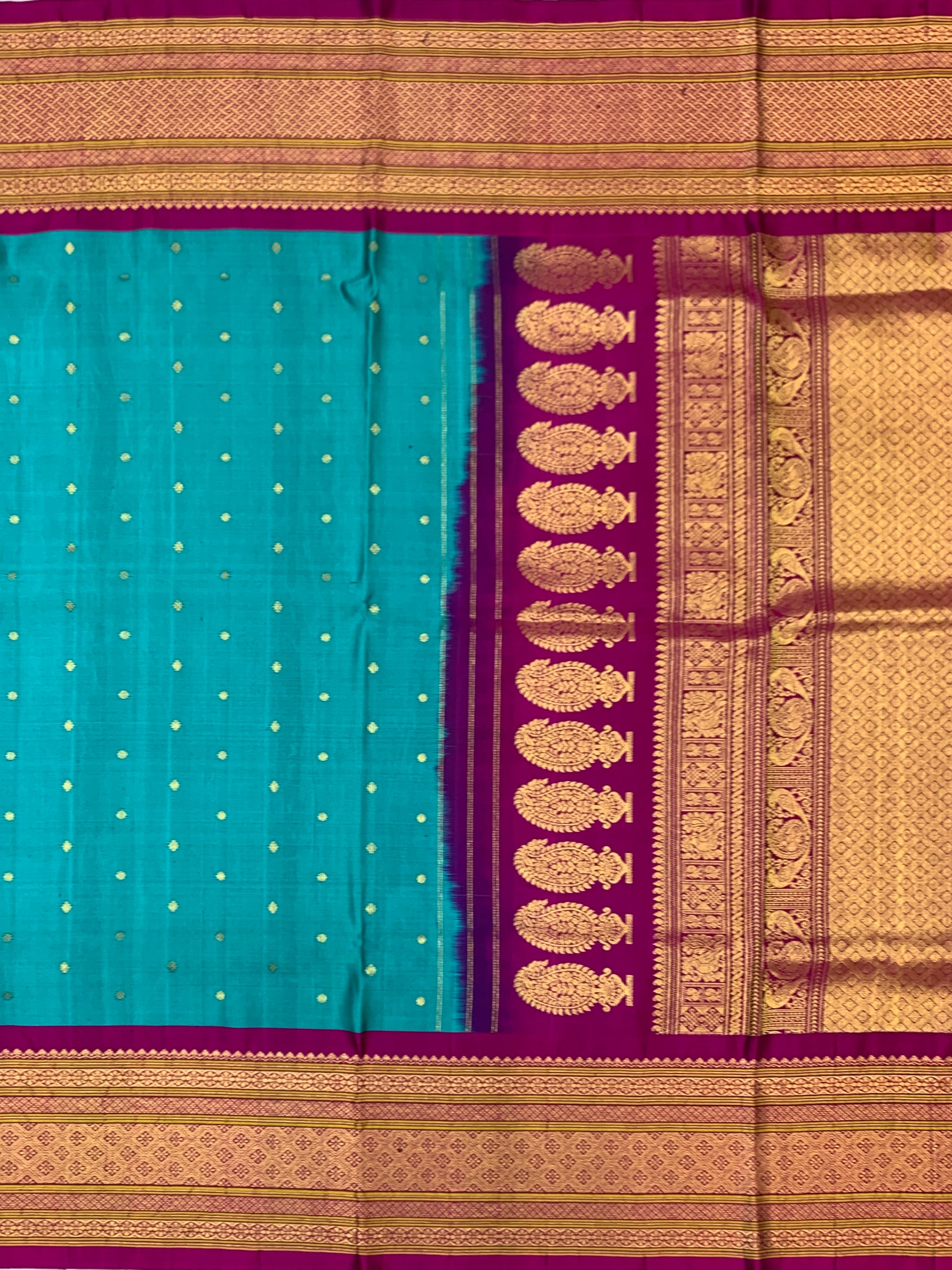 Exquisite Peacock Blue & Magenta Gadwal Twill Pattu Saree