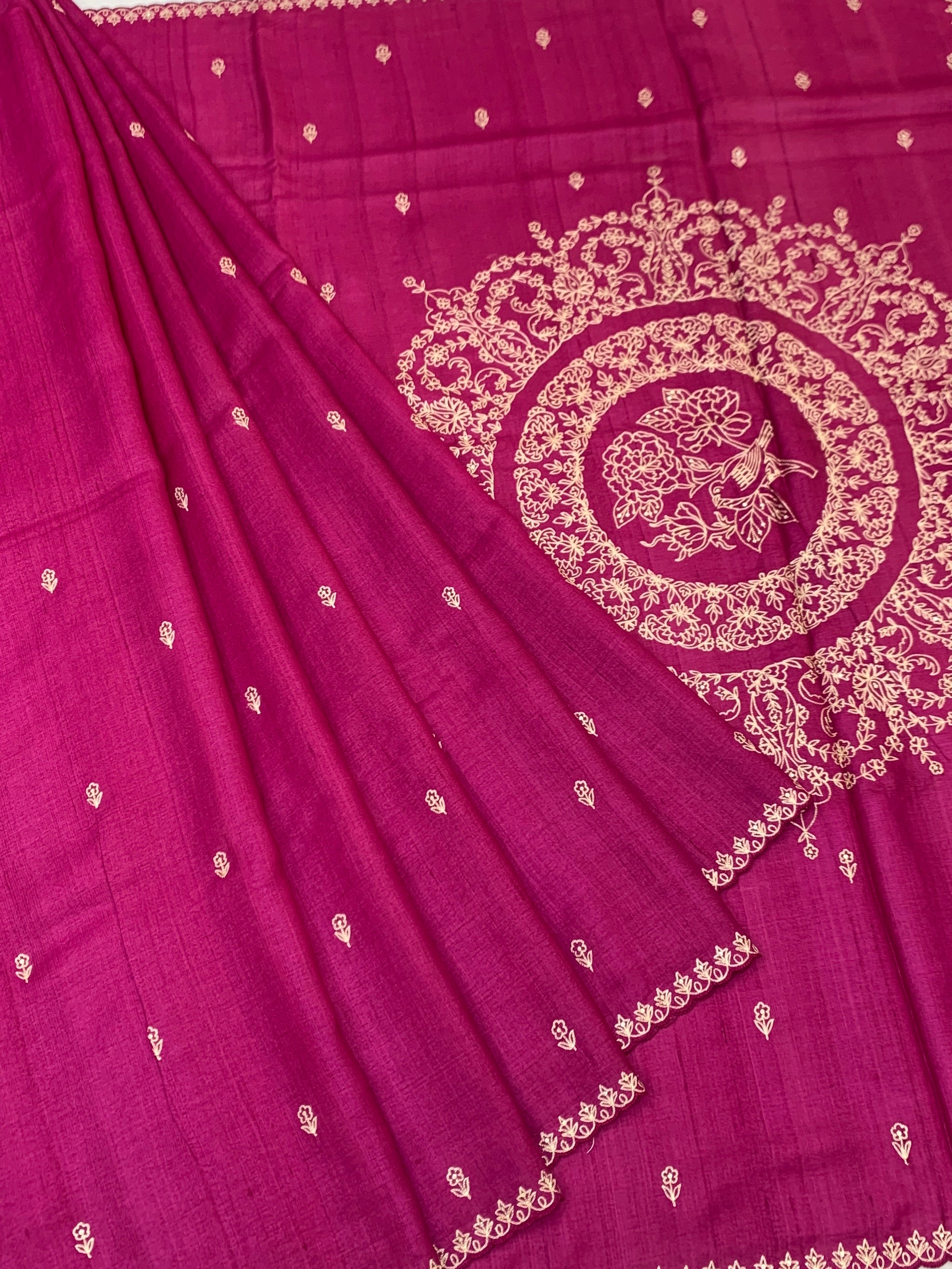 Magenta Rani Pink Tussore Silk Saree with Bird & Floral Mandala Embroidery