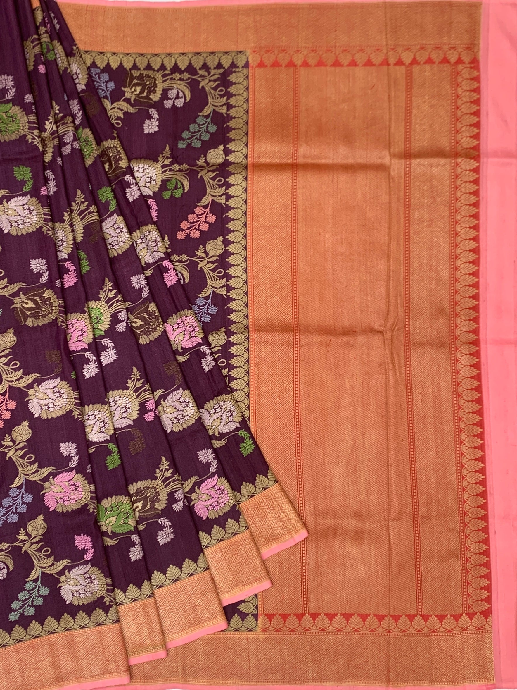Rich Plum Tussore Georgette Saree with Meenakari Florals and Copper-Peach Pallu