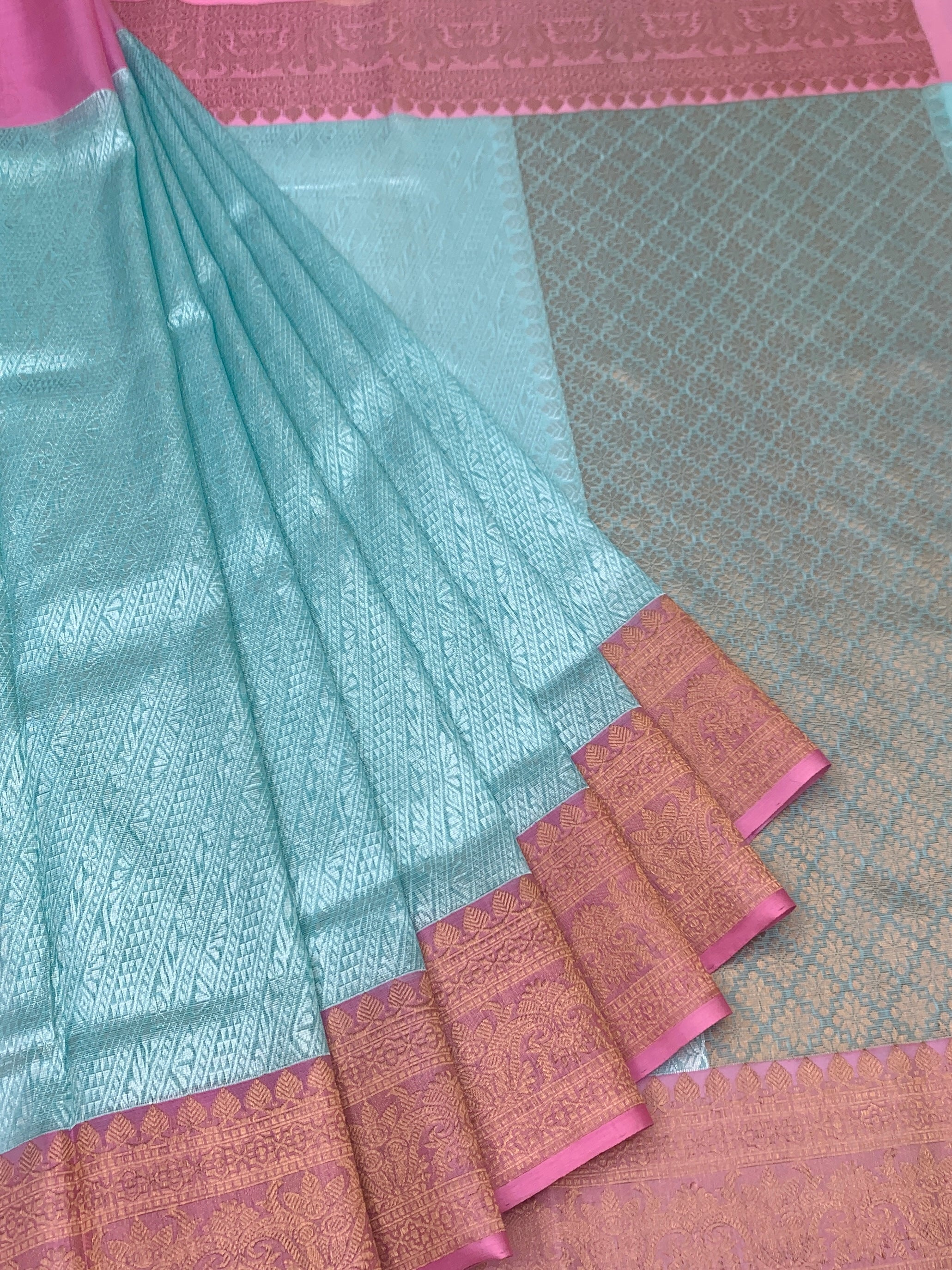 Ice Blue Tissue Zari Kota Saree with Contrast Pink Blouse