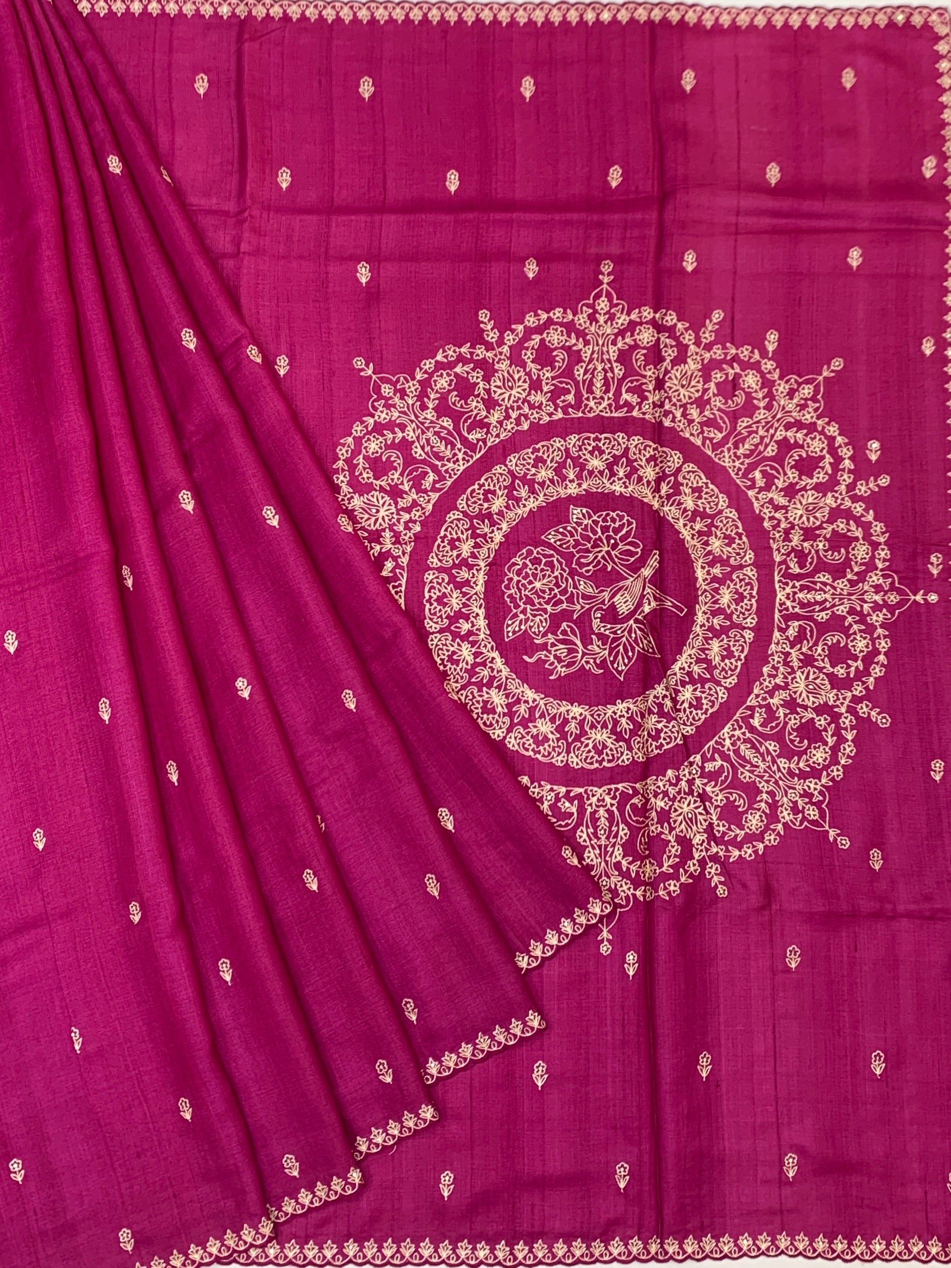 Magenta Rani Pink Tussore Silk Saree with Bird & Floral Mandala Embroidery