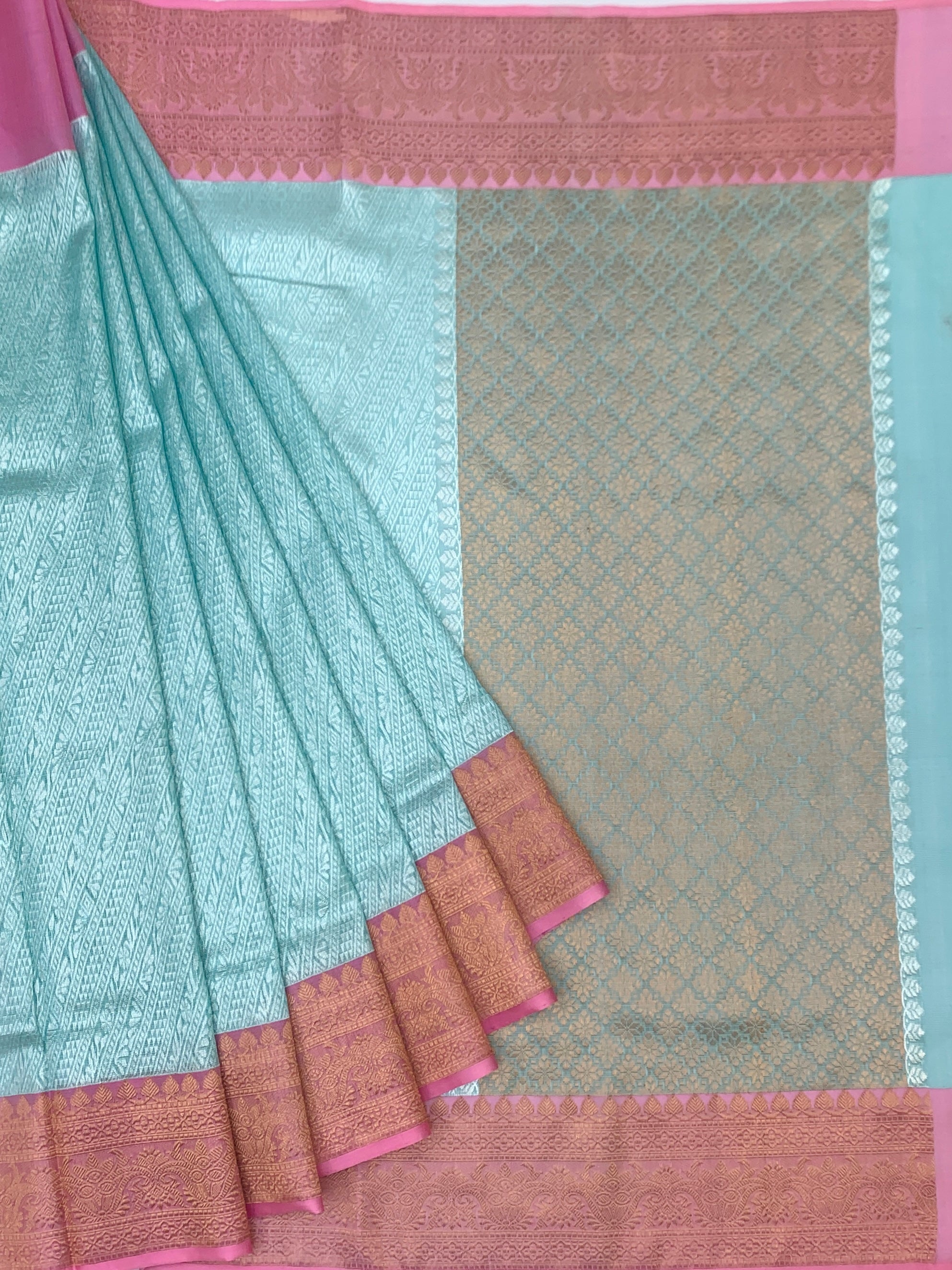 Ice Blue Tissue Zari Kota Saree with Contrast Pink Blouse