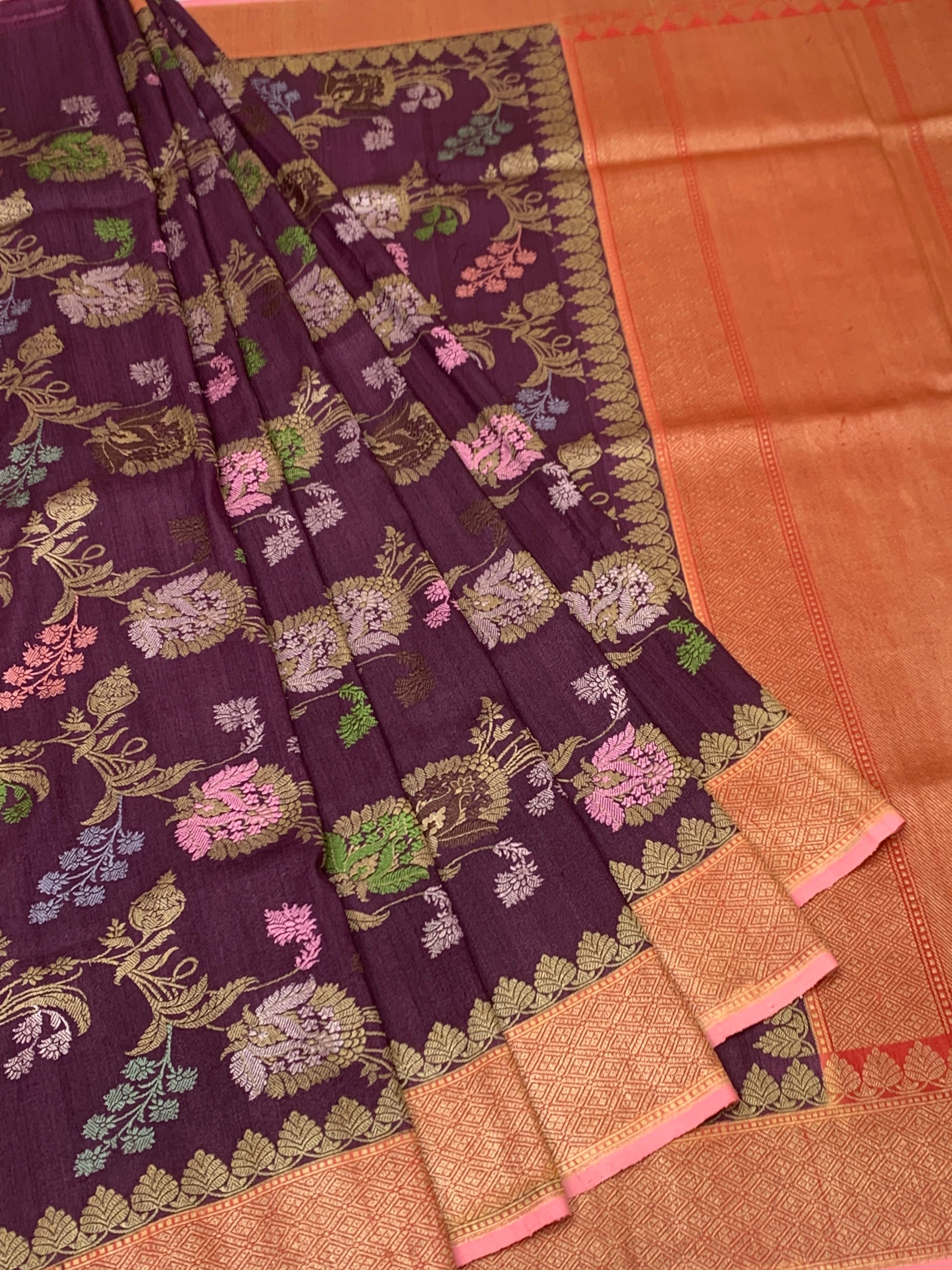 Rich Plum Tussore Georgette Saree with Meenakari Florals and Copper-Peach Pallu
