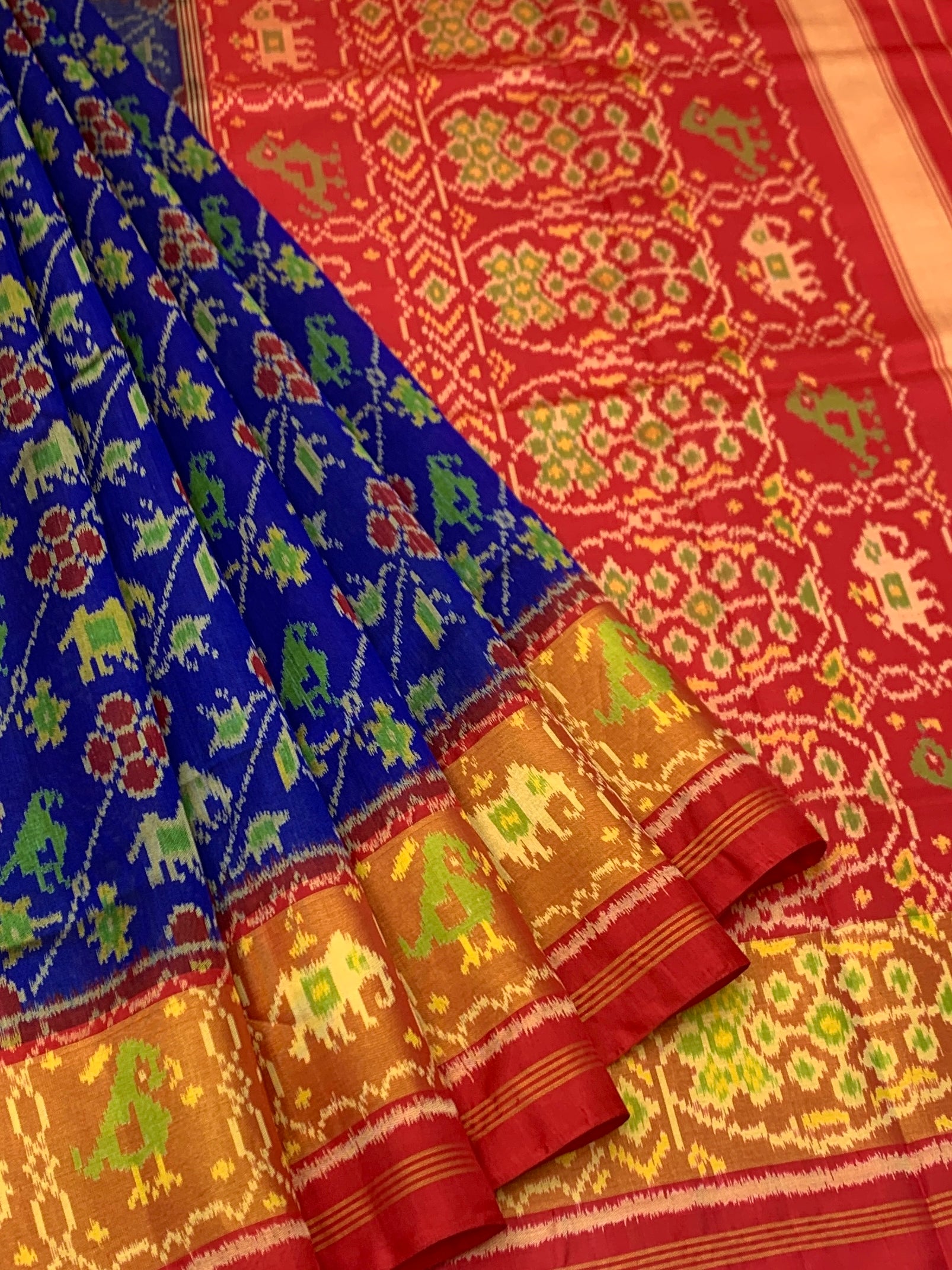 Royal Blue & Crimson Haathi-Popat: Heritage Rajkot Patola Silk Saree
