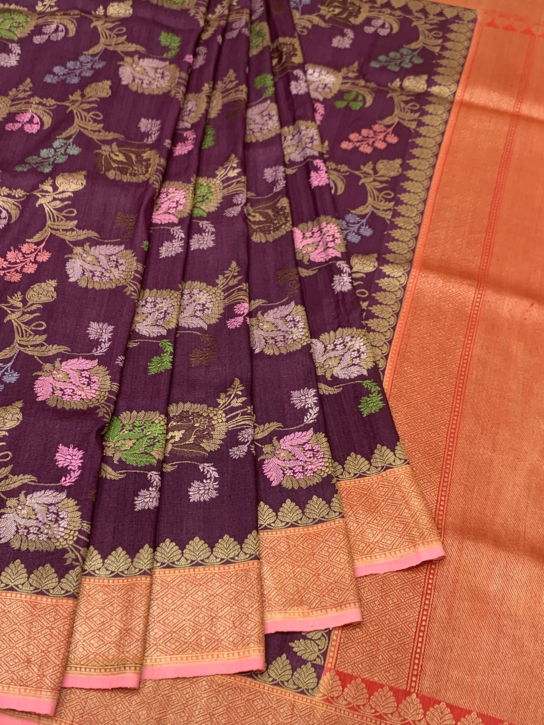 Rich Plum Tussore Georgette Saree with Meenakari Florals and Copper-Peach Pallu